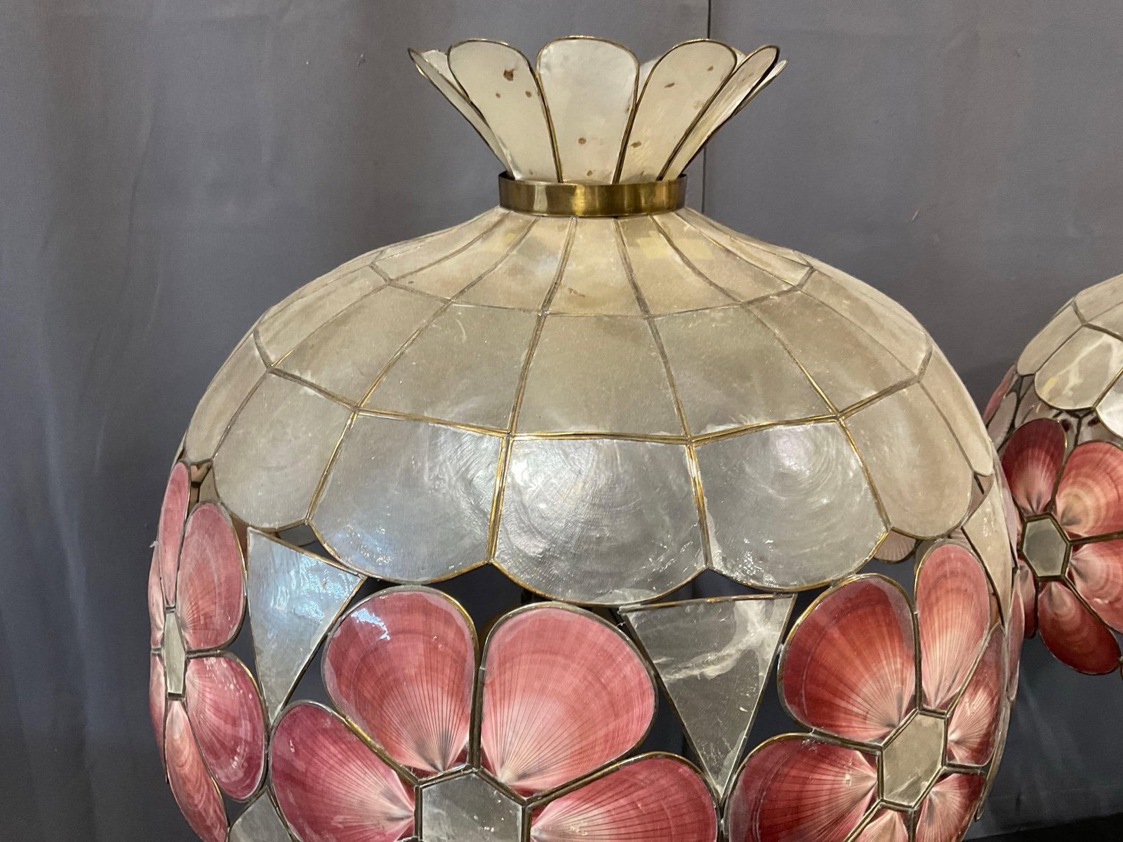 Pair of Brass Tiffany-style Lamps, Pink & White Capiz Seashell Shades, both tested, needs repairs - 5