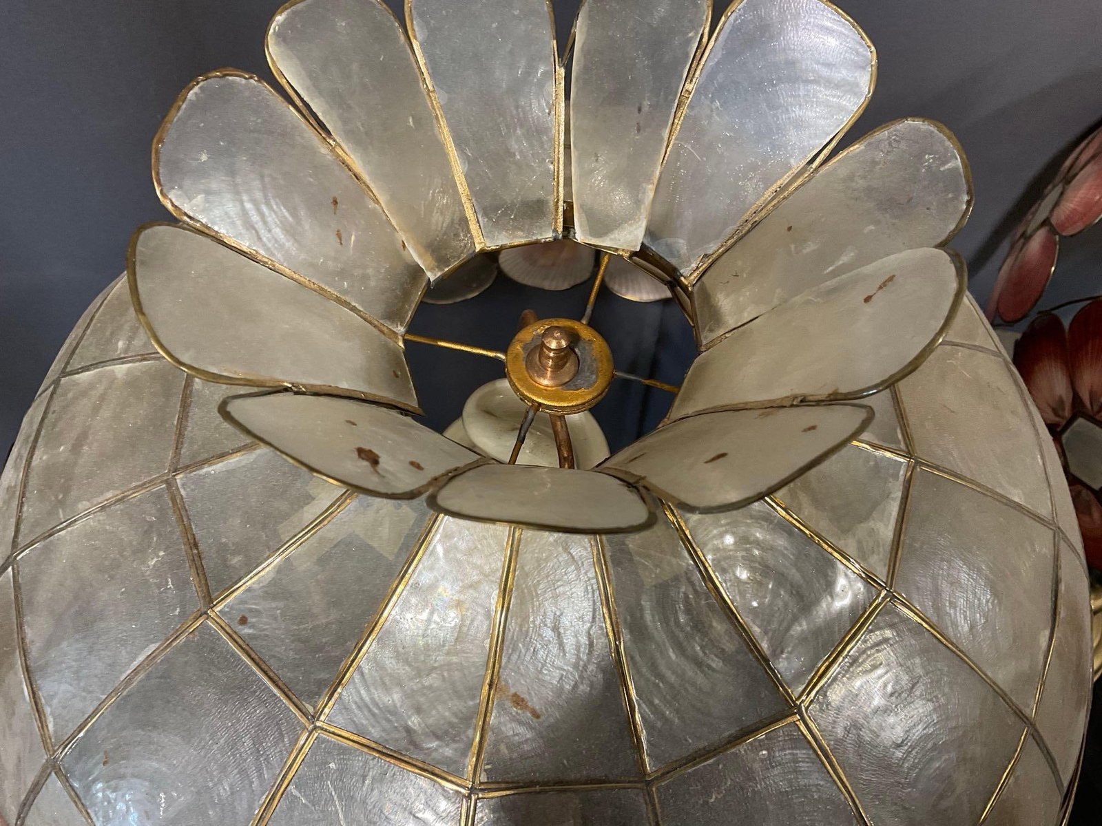 Pair of Brass Tiffany-style Lamps, Pink & White Capiz Seashell Shades, both tested, needs repairs - 6