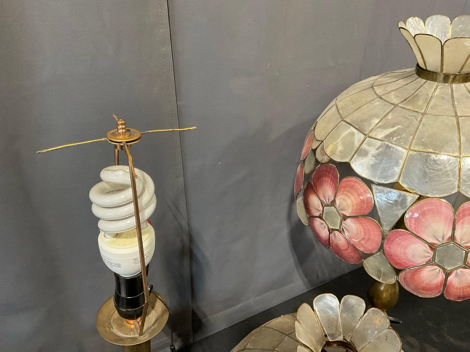 Pair of Brass Tiffany-style Lamps, Pink & White Capiz Seashell Shades, both tested, needs repairs - 7