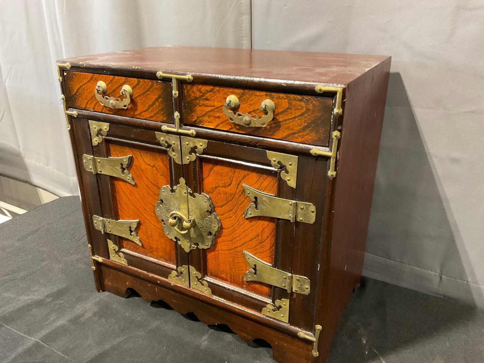 Small Asian Brass Banded Cabinet, 16h x 16w x 11d inches, 2 small drawers & latching doors - 2