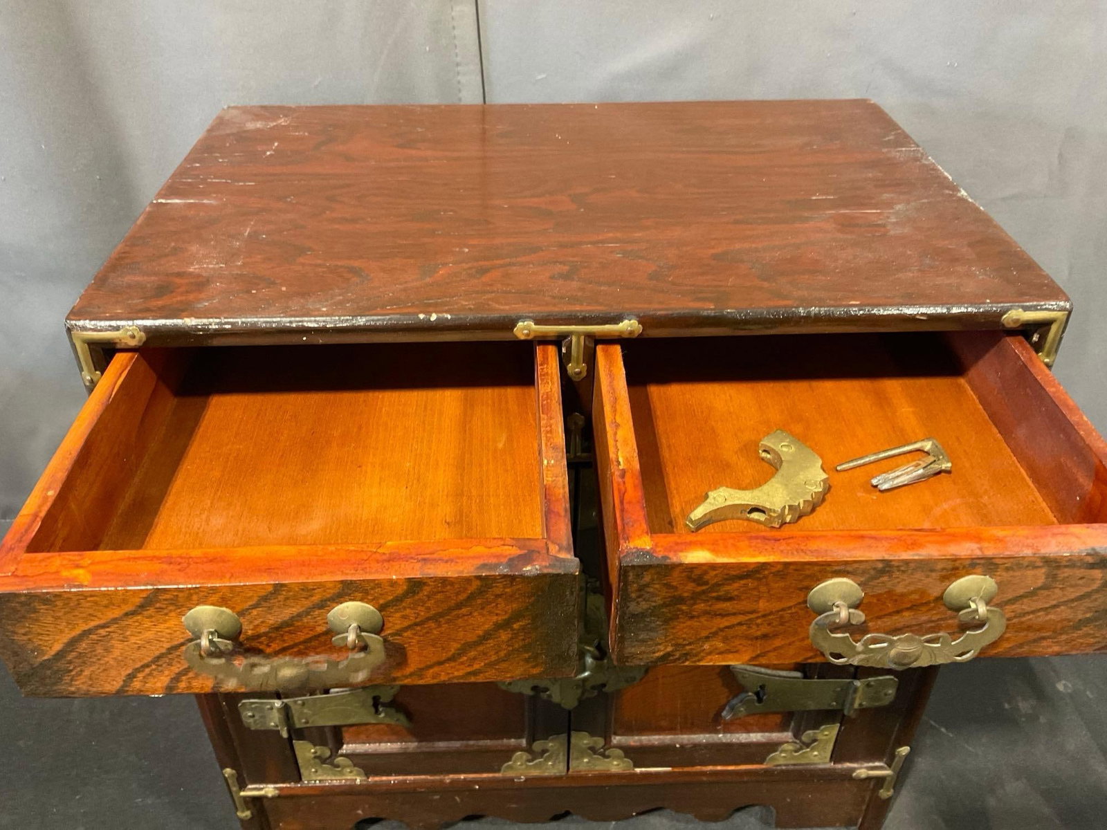 Small Asian Brass Banded Cabinet, 16h x 16w x 11d inches, 2 small drawers & latching doors - 3