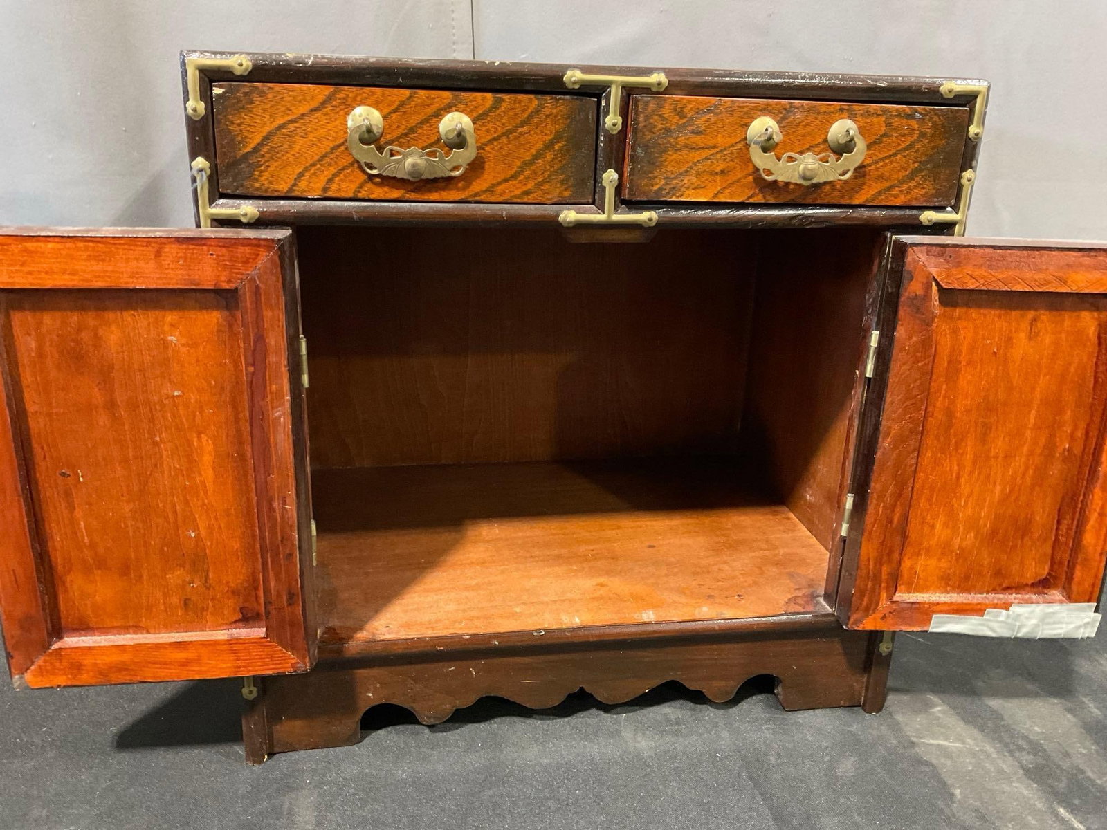 Small Asian Brass Banded Cabinet, 16h x 16w x 11d inches, 2 small drawers & latching doors - 4