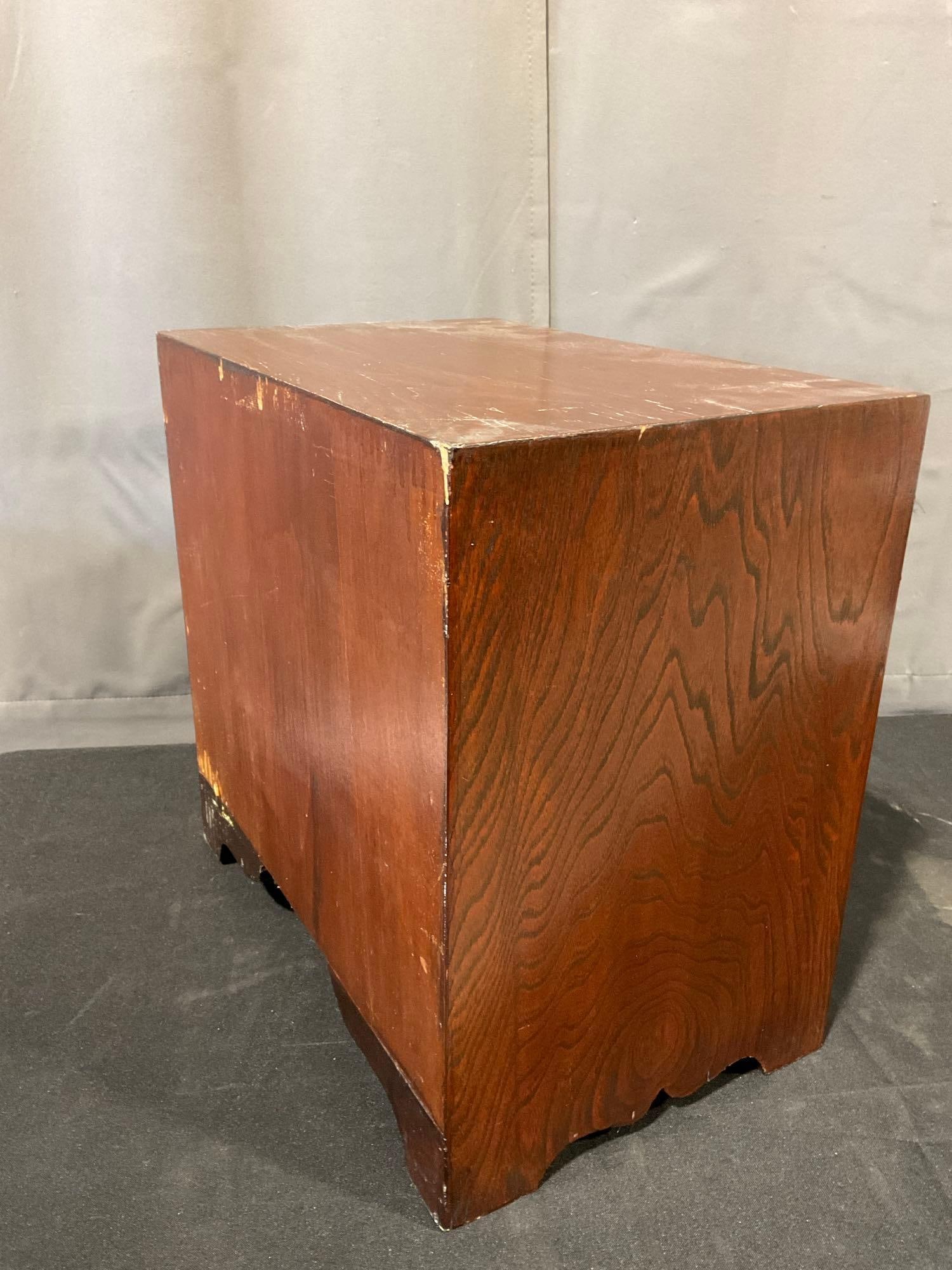 Small Asian Brass Banded Cabinet, 16h x 16w x 11d inches, 2 small drawers & latching doors - 5