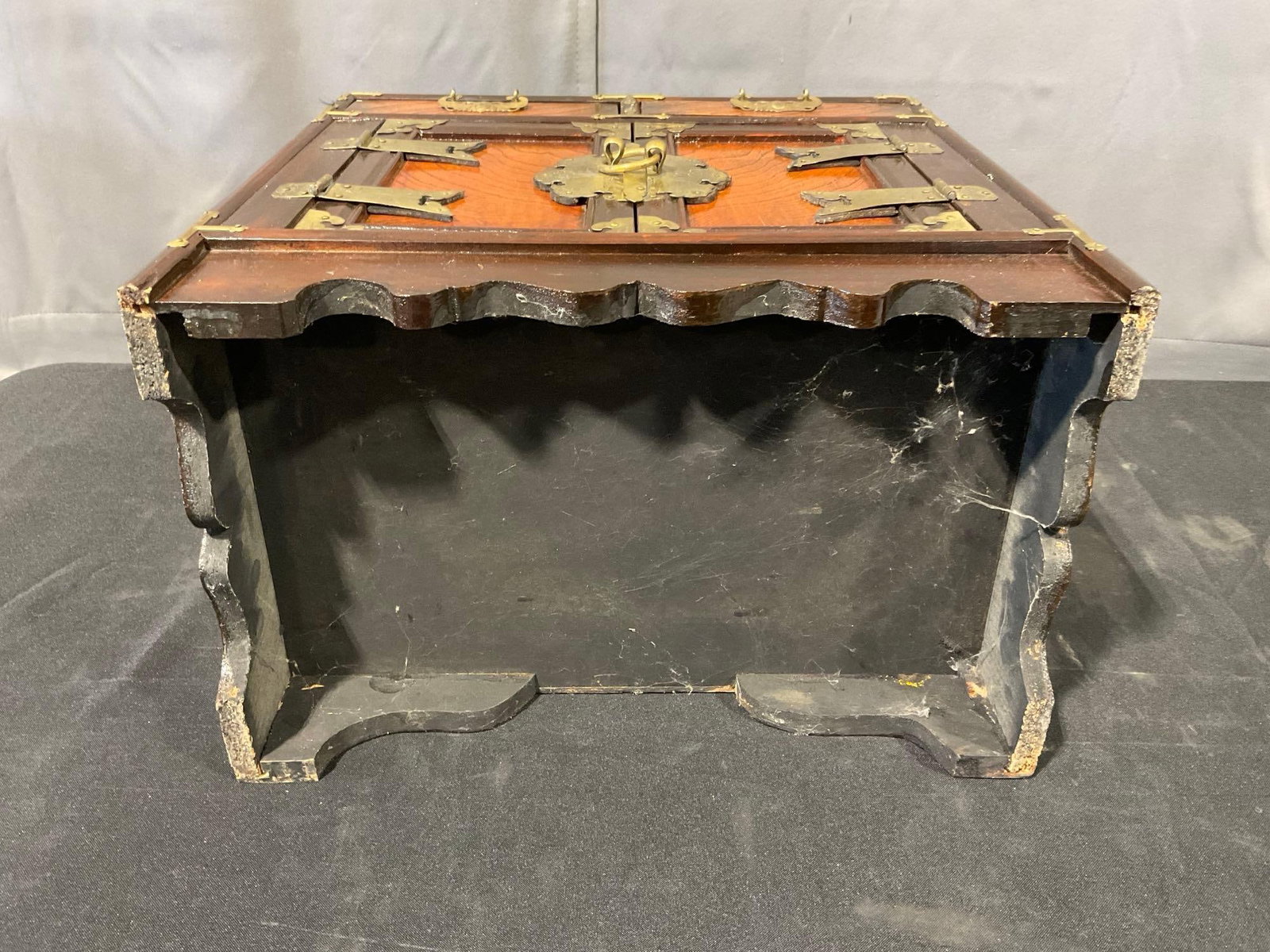 Small Asian Brass Banded Cabinet, 16h x 16w x 11d inches, 2 small drawers & latching doors - 6
