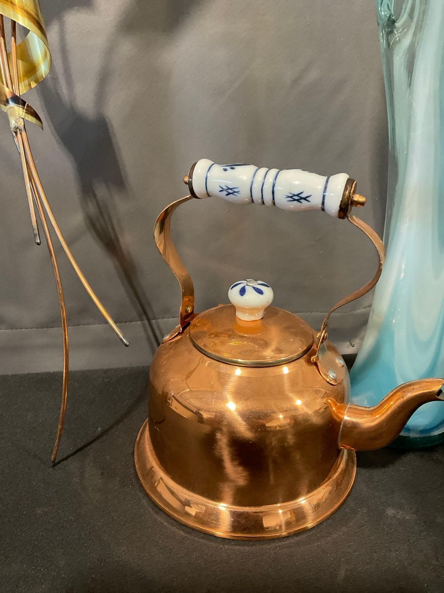 Pair of Brass/Copper Wheat Stalks, Copper Teapot, 2 Beer Steins, & Murano style Blown Glass Art V... - 2