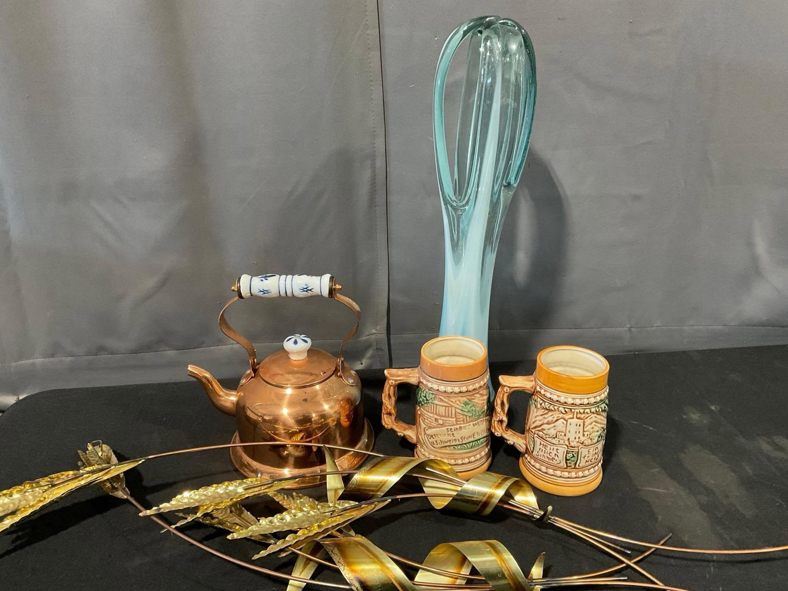 Pair of Brass/Copper Wheat Stalks, Copper Teapot, 2 Beer Steins, & Murano style Blown Glass Art V... - 7