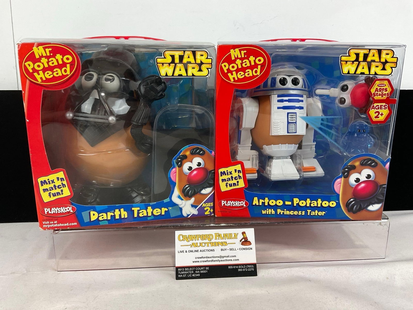 Pair of Star Wars Playskool Mr. Potato Head Dolls, Darth Tater & Artoo-Potatoo in original packag...: Appears to be in good shape. The piece measures approx 11h x 9w x 9d inches. See pics. E-5430