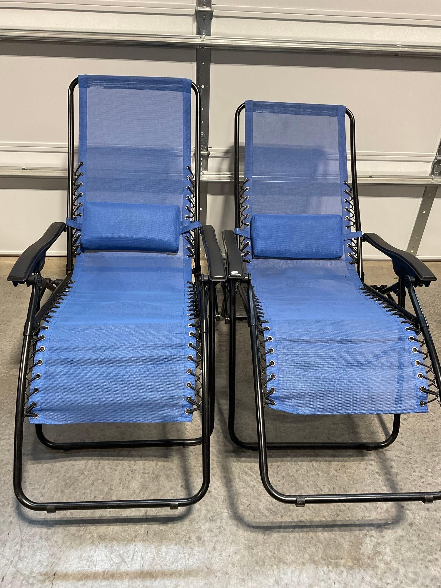 Pair of Zero Gravity Outdoor Lounge Chairs, w/Removable Pillows, 12h x 35w x 35d inches: Appears to be in good shape. The piece measures approx 12h x 35w x 35d inches. See pics. E-5600 *Freight Required if shipped, Buyer Arranged/Responsibility*