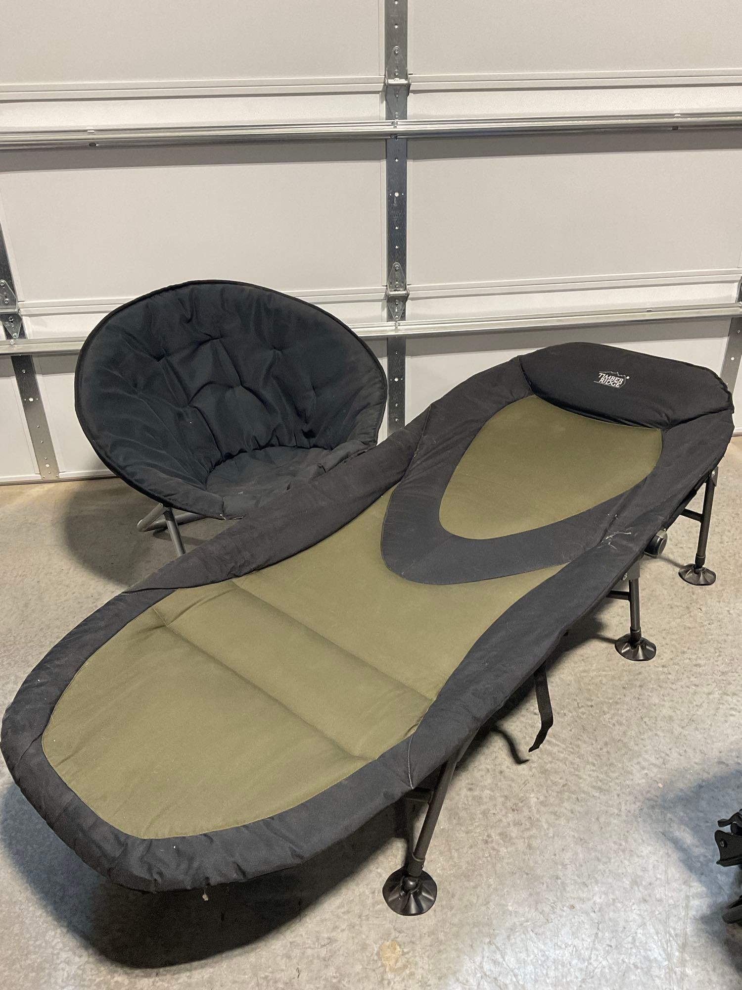Timber Ridge Outdoor Lounge Chair/Foldable Cot, & Plush Saucer Chair: Appears to be in good shape. The piece measures approx 24h x 19w x 19d inches. See pics. E-5600 *Freight Required if shipped, Buyer Arranged/Responsibility*