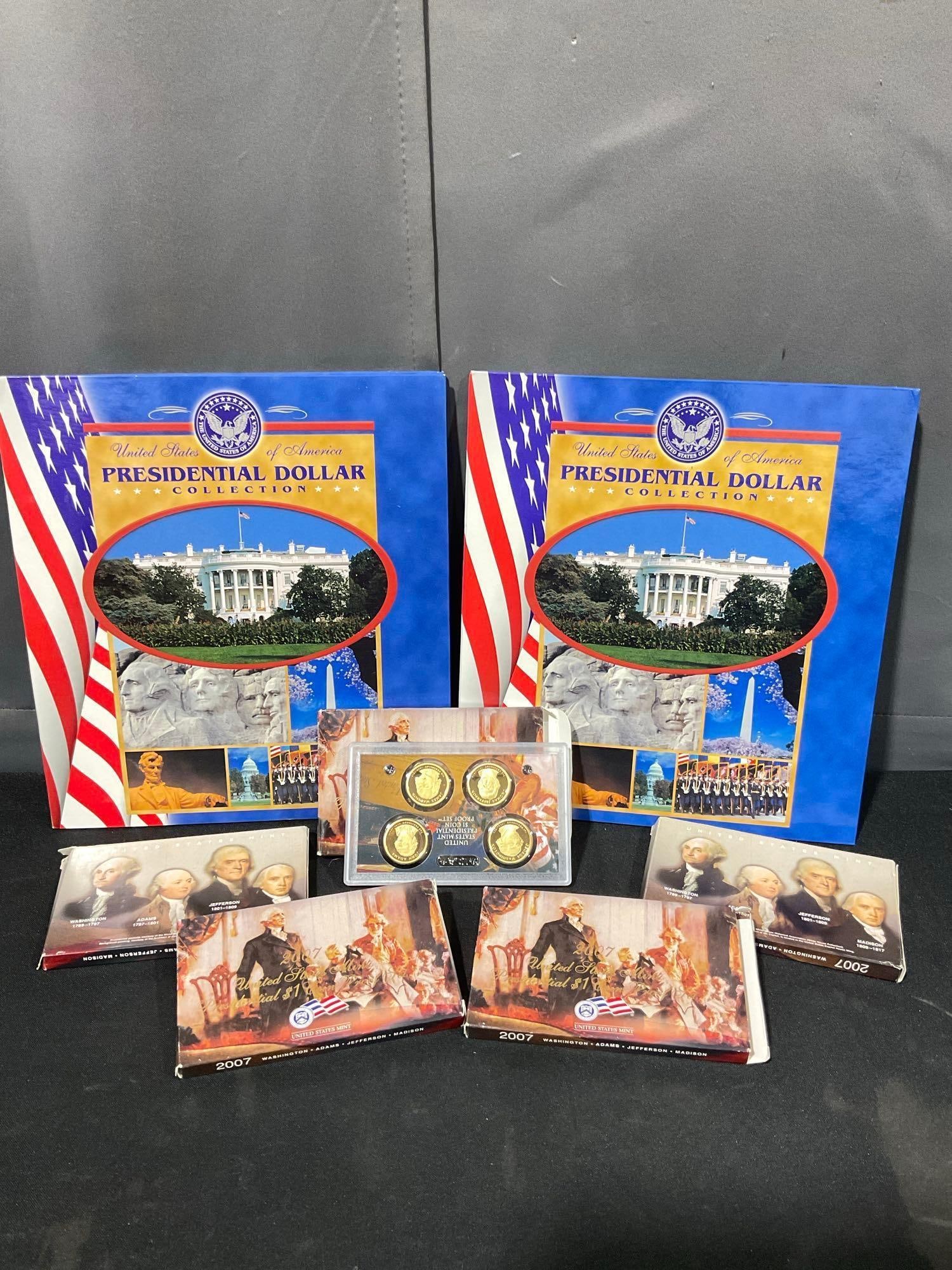 2x Us presidential dollar Partial collections in folders + 5x US mint 2007 Presdent proof coin sets: C-5880 Each folder has 20 each coins that represent George Washington to Rutherford B Hayes and appear to be uncirculated. The 2007 presidential Proof sets are slabbed and 4 coins