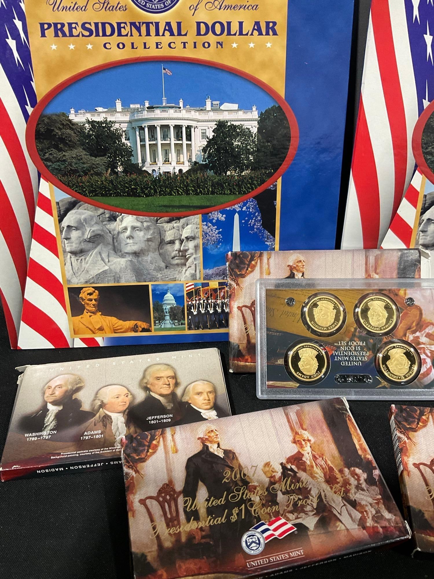 2x Us presidential dollar Partial collections in folders + 5x US mint 2007 Presdent proof coin sets - 2