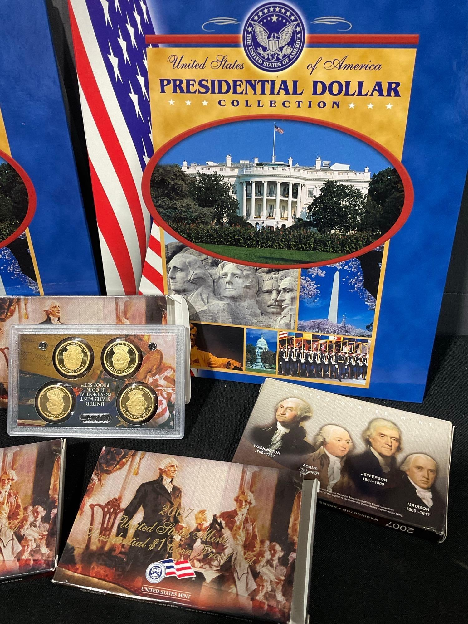 2x Us presidential dollar Partial collections in folders + 5x US mint 2007 Presdent proof coin sets - 3