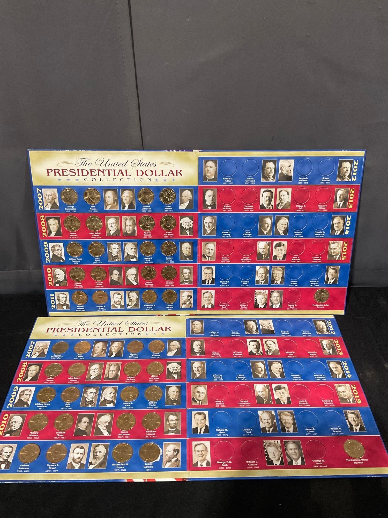 2x Us presidential dollar Partial collections in folders + 5x US mint 2007 Presdent proof coin sets - 4