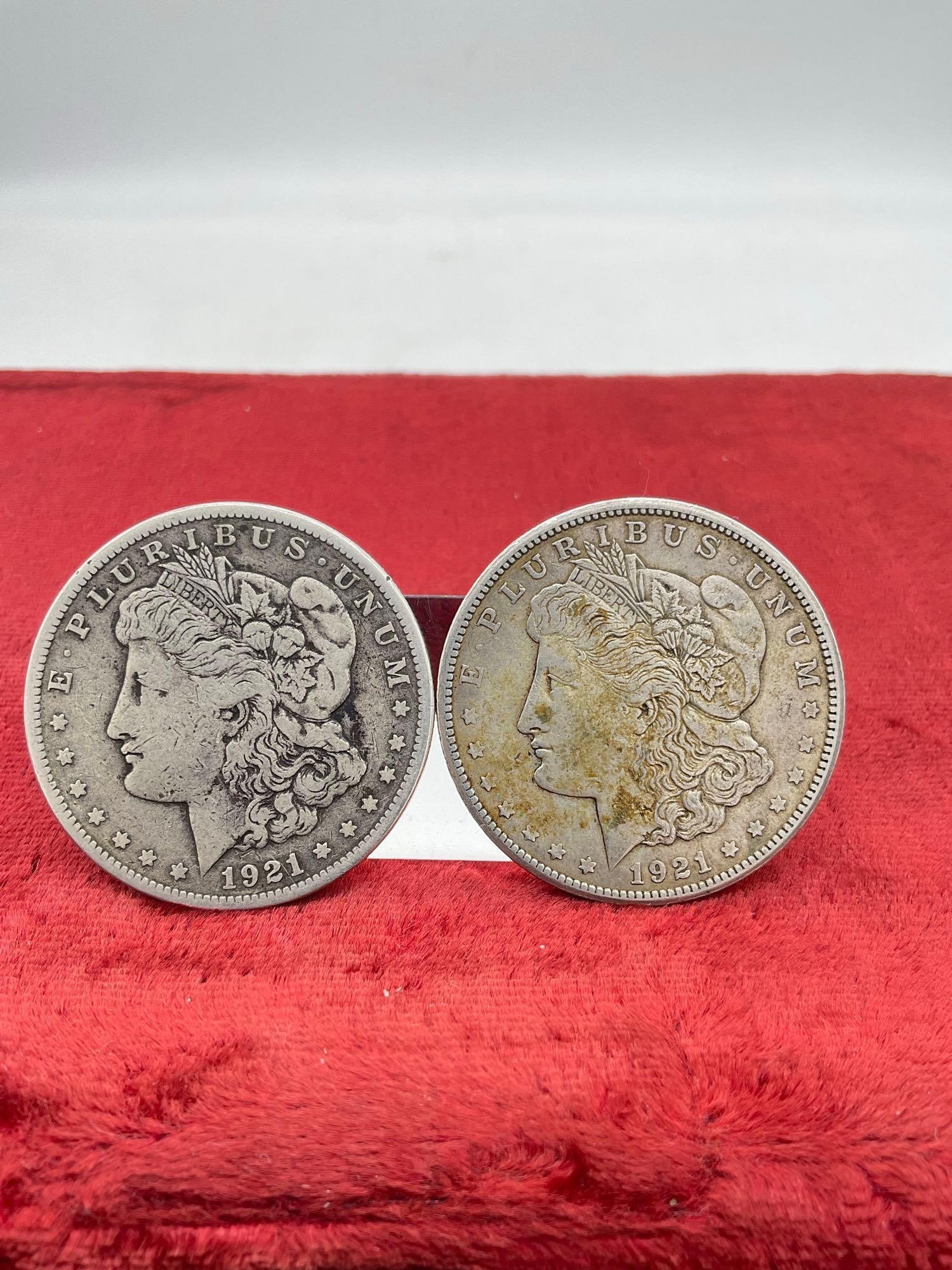 2 x Antique 1921- S mint mark Silver Morgan Dollar coins see pics: C-5880