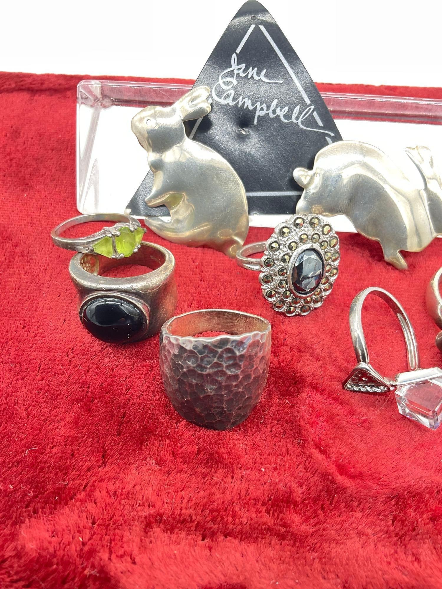 6 x Sterling silver rings various stones & sizes, + a pair Jane campbell Sterling Bunny Rabbit Pins - 2
