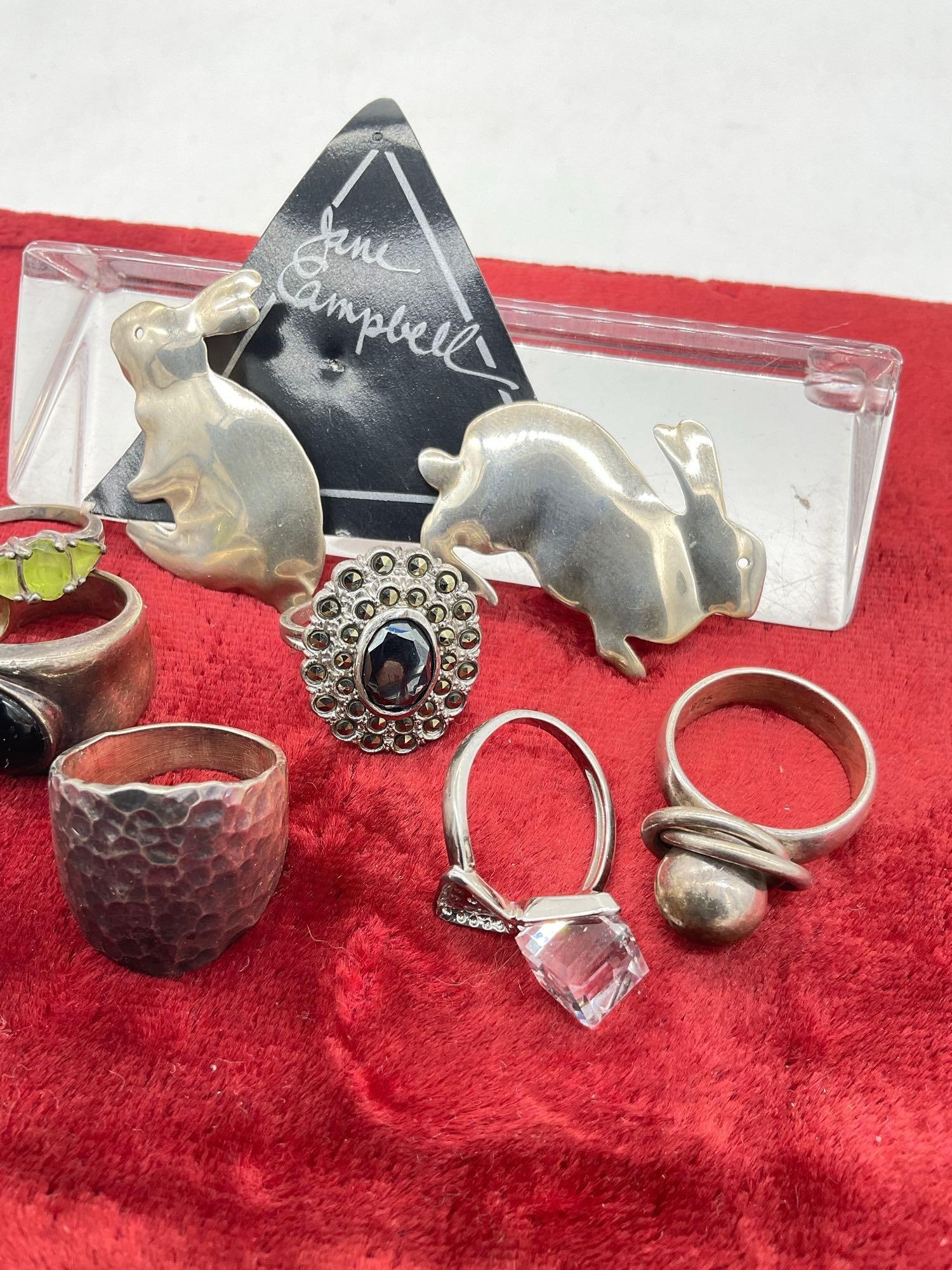 6 x Sterling silver rings various stones & sizes, + a pair Jane campbell Sterling Bunny Rabbit Pins - 3