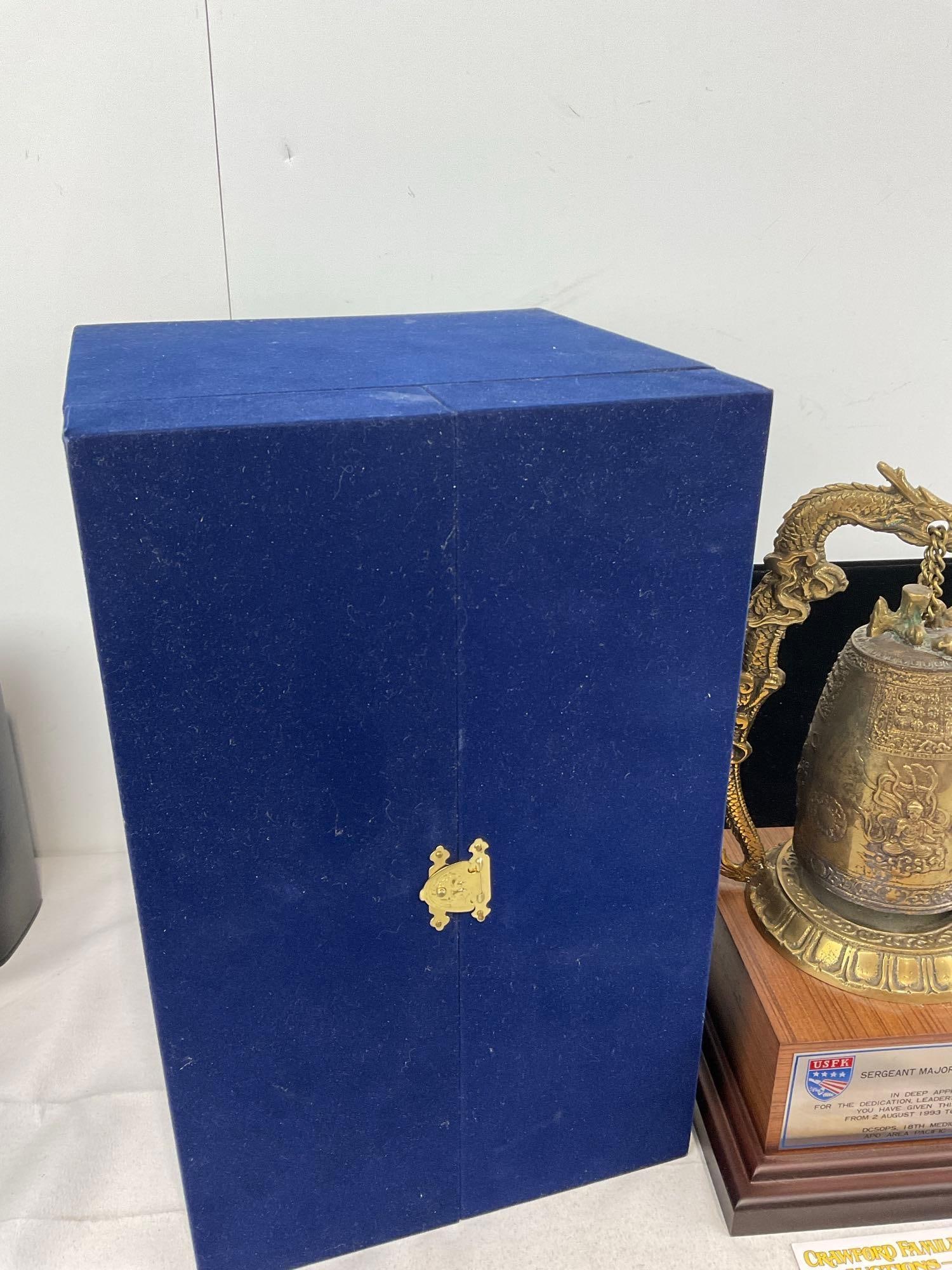 Chinese-style Cast Brass Temple Bell, Figural Dragon Stand, w/military comm. plaque & Blue chest - 2