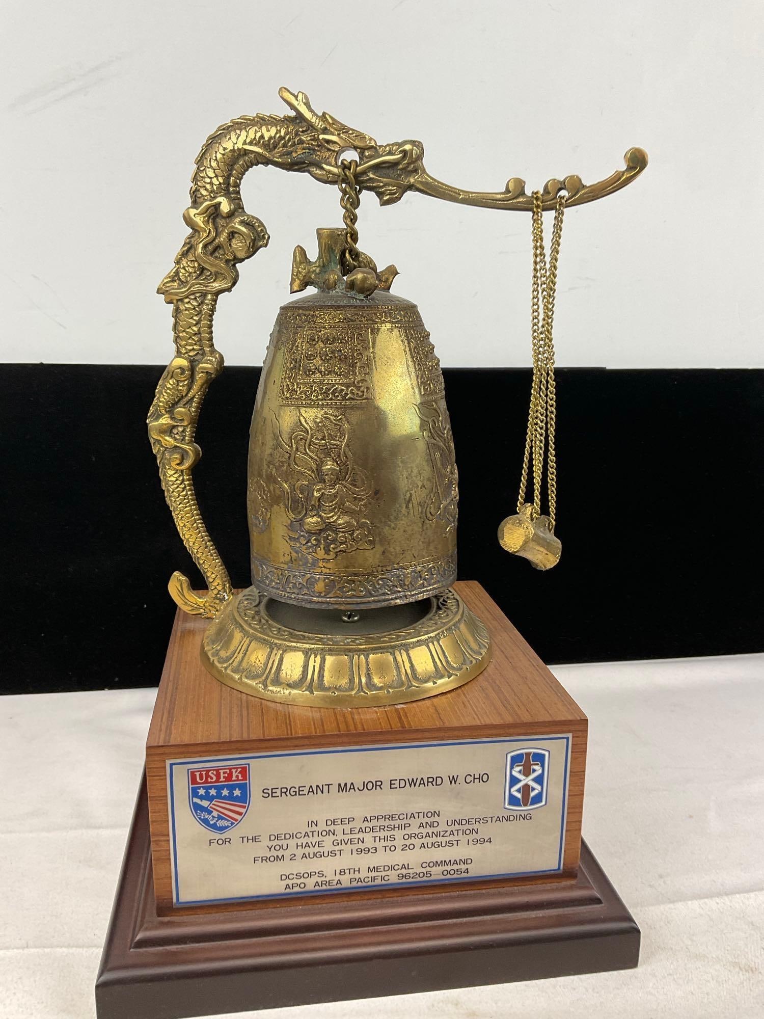 Chinese-style Cast Brass Temple Bell, Figural Dragon Stand, w/military comm. plaque & Blue chest - 3