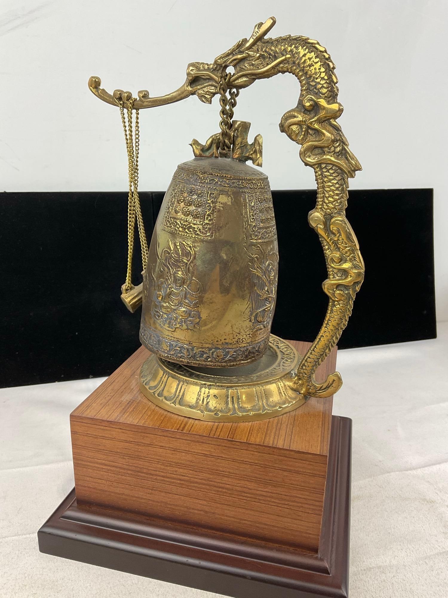 Chinese-style Cast Brass Temple Bell, Figural Dragon Stand, w/military comm. plaque & Blue chest - 4