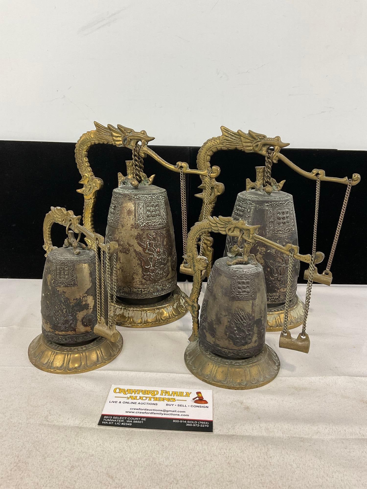4x Chinese-Style Temple Bell on Dragon Figural Stands, different sizes: Appears to be in fair to good shape. The piece measures approx 6h x 12w x 13d inches. See pics. E-5830