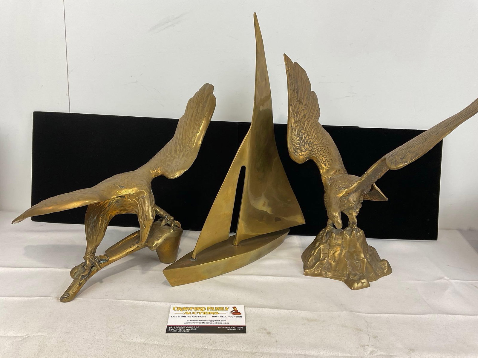 Vintage Cast Brass Sailboat statue & Pair of Eagles Perched: Appears to be in good shape. The piece measures approx 16h x 15w x 13d inches. See pics. E-5830