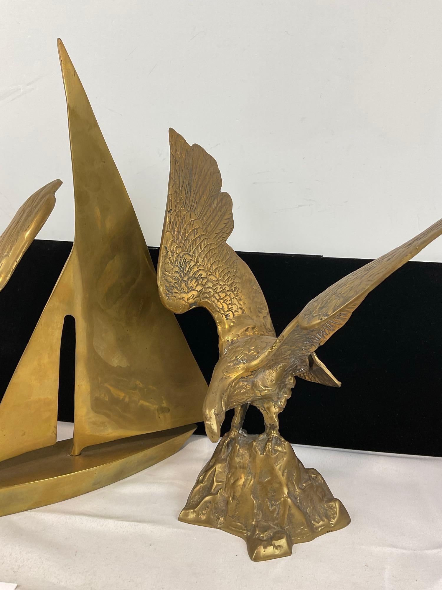 Vintage Cast Brass Sailboat statue & Pair of Eagles Perched - 3