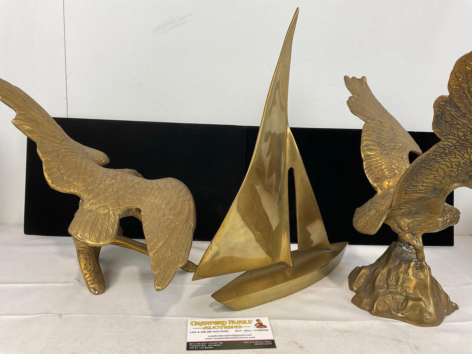 Vintage Cast Brass Sailboat statue & Pair of Eagles Perched - 4