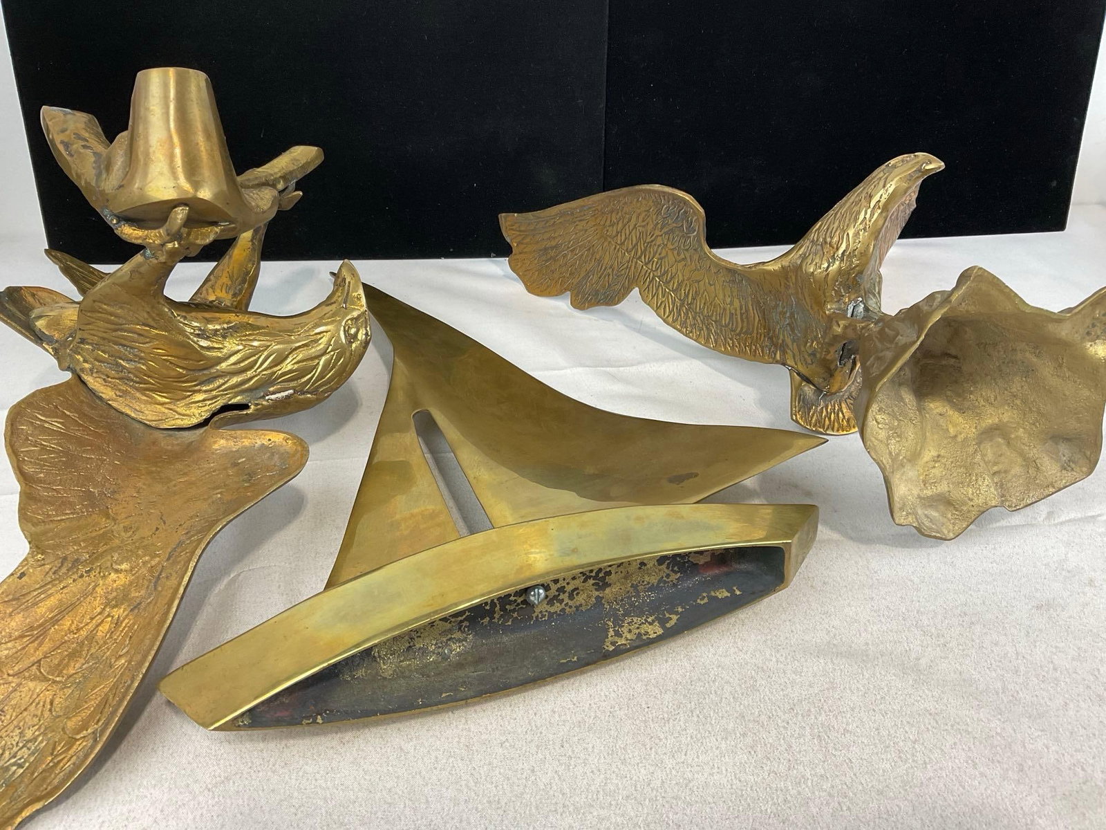 Vintage Cast Brass Sailboat statue & Pair of Eagles Perched - 5