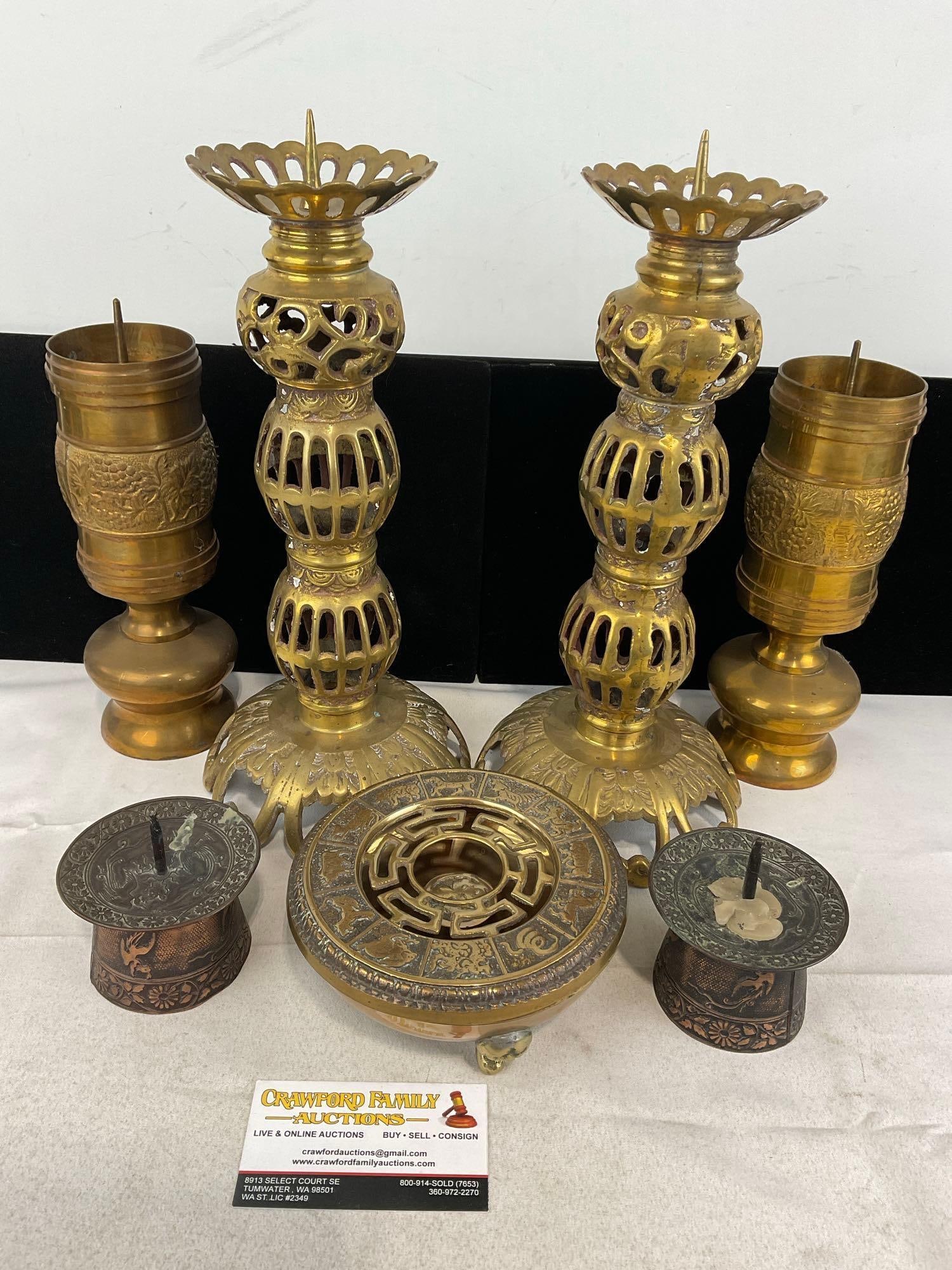 Cast Brass Indian Candleholders, Openwork taller pair, 4 repousse pieces & Lovely Incense Burner: Appears to be in good shape. The piece measures approx 8h x 12w x 13d inches. See pics. E-5830