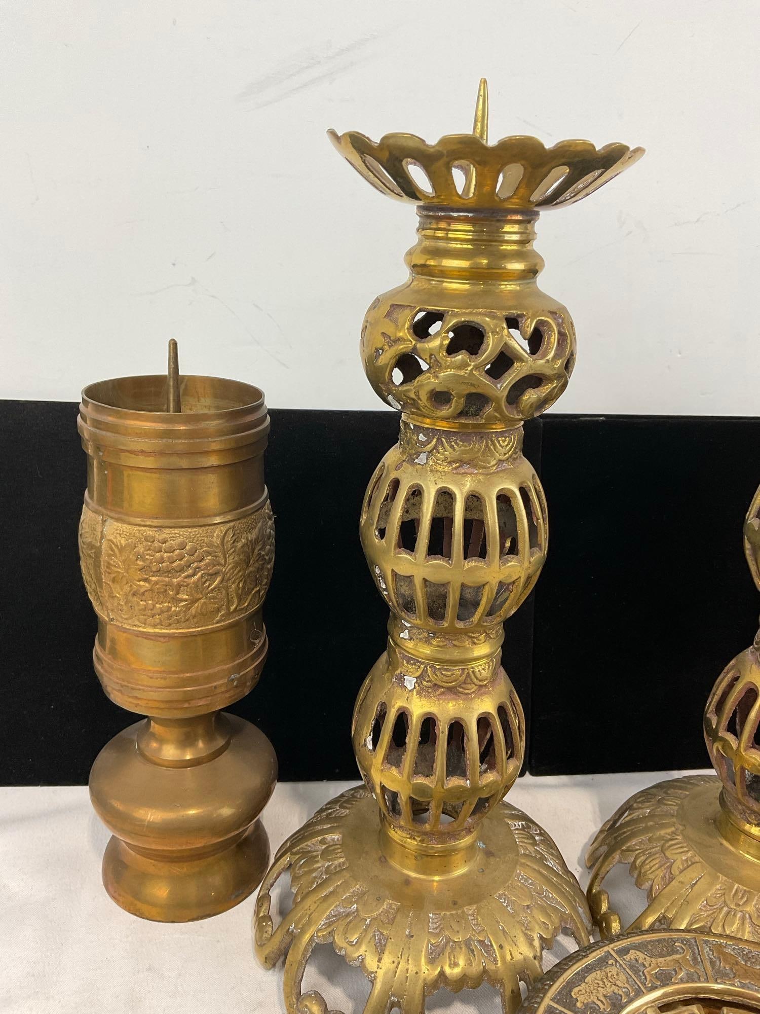 Cast Brass Indian Candleholders, Openwork taller pair, 4 repousse pieces & Lovely Incense Burner - 2