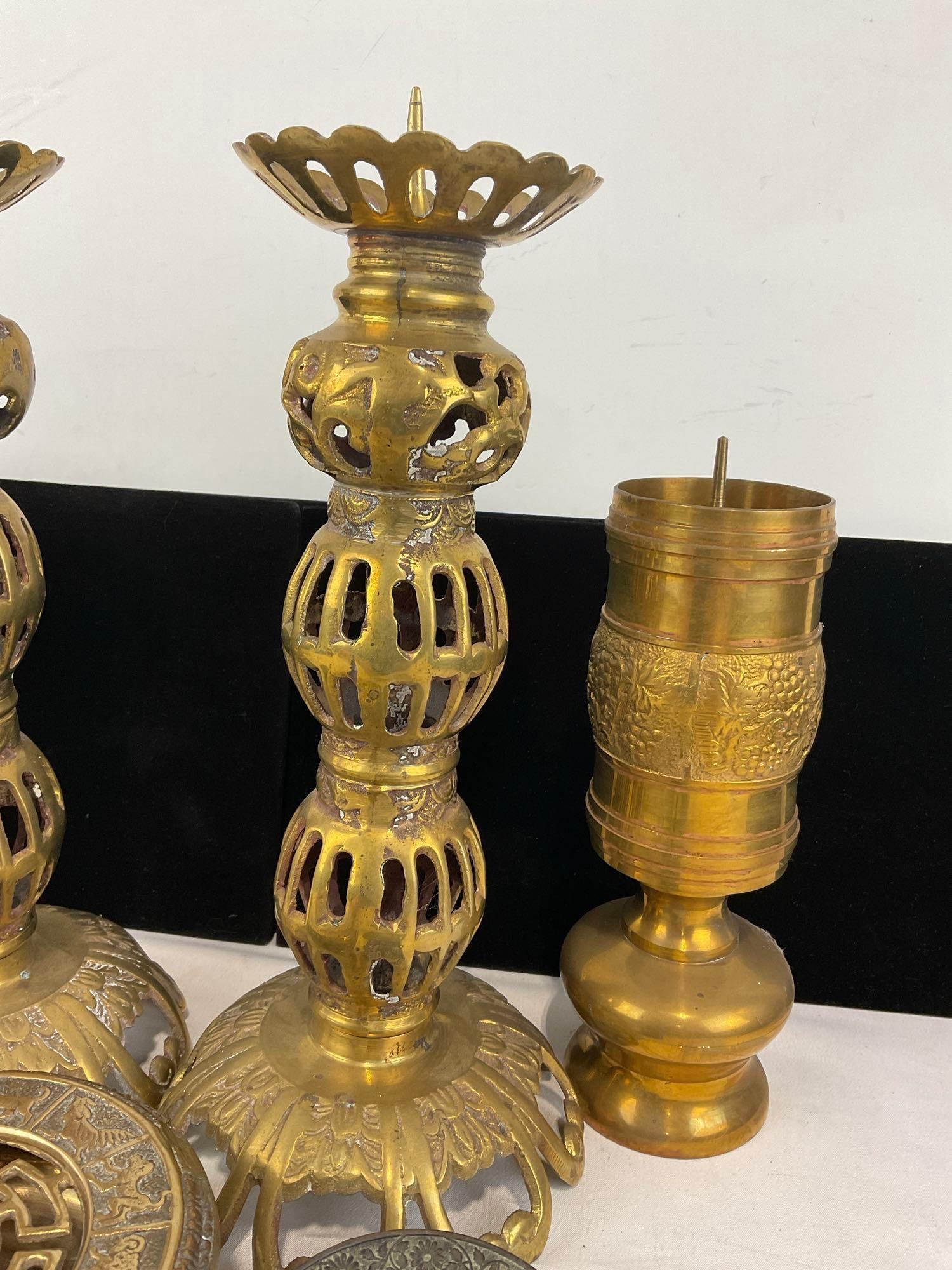 Cast Brass Indian Candleholders, Openwork taller pair, 4 repousse pieces & Lovely Incense Burner - 3