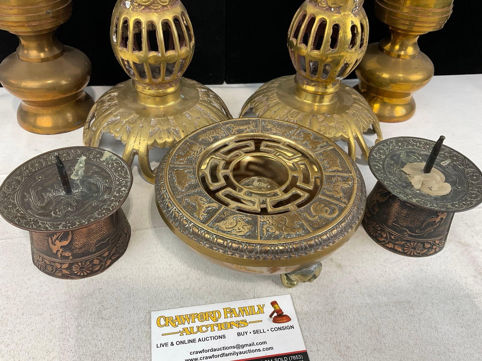 Cast Brass Indian Candleholders, Openwork taller pair, 4 repousse pieces & Lovely Incense Burner - 4