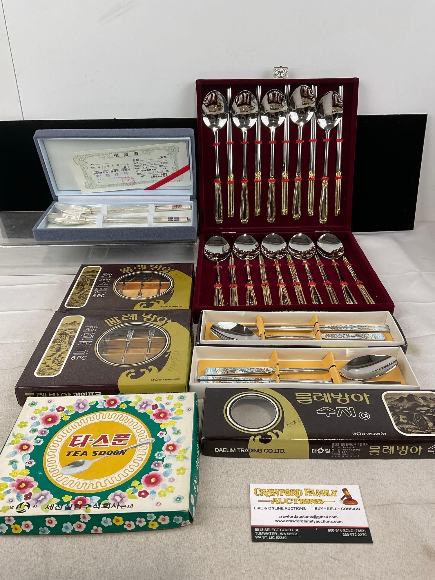 Collection of Chinese & Korean Spoons, Tea & Soup, + Small Chop Sticks, in box & cases: Appears to be in good shape. The piece measures approx 6h x 11w x 11d inches. See pics. E-5830