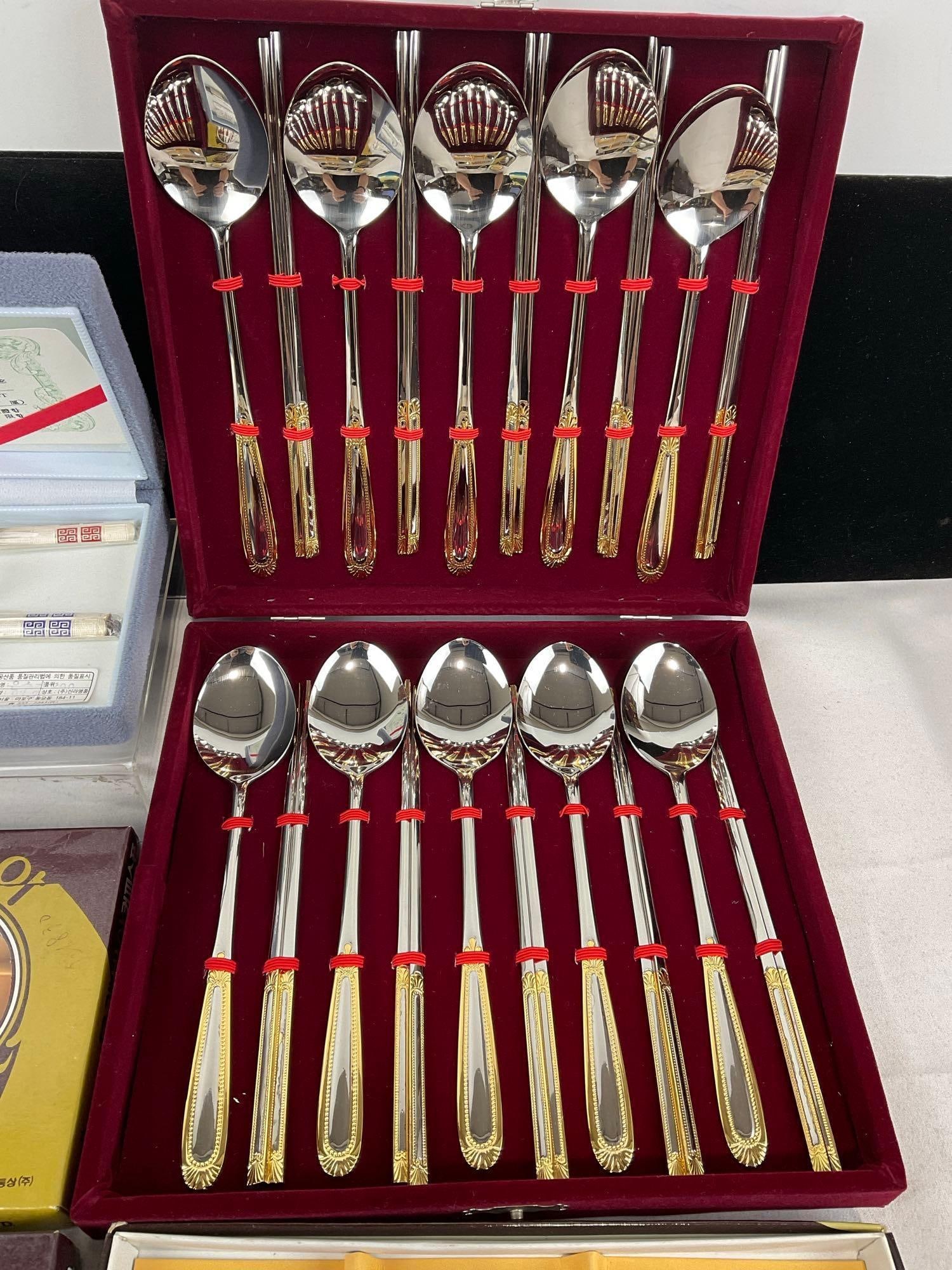 Collection of Chinese & Korean Spoons, Tea & Soup, + Small Chop Sticks, in box & cases - 2