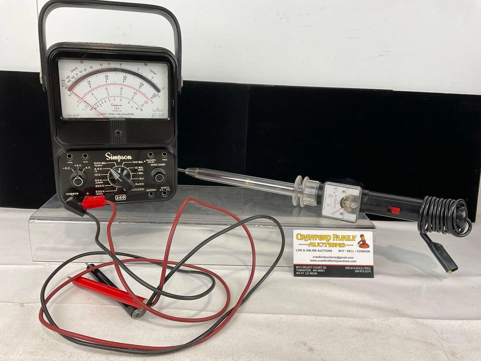 Simpson 260 Volt/Ohm/Milliammeter, & Pomona Elect. Model 4000 High Voltage Test Prode: Appears to be in good shape. The piece measures approx 7h x 17w x 7d inches. See pics. E-5830