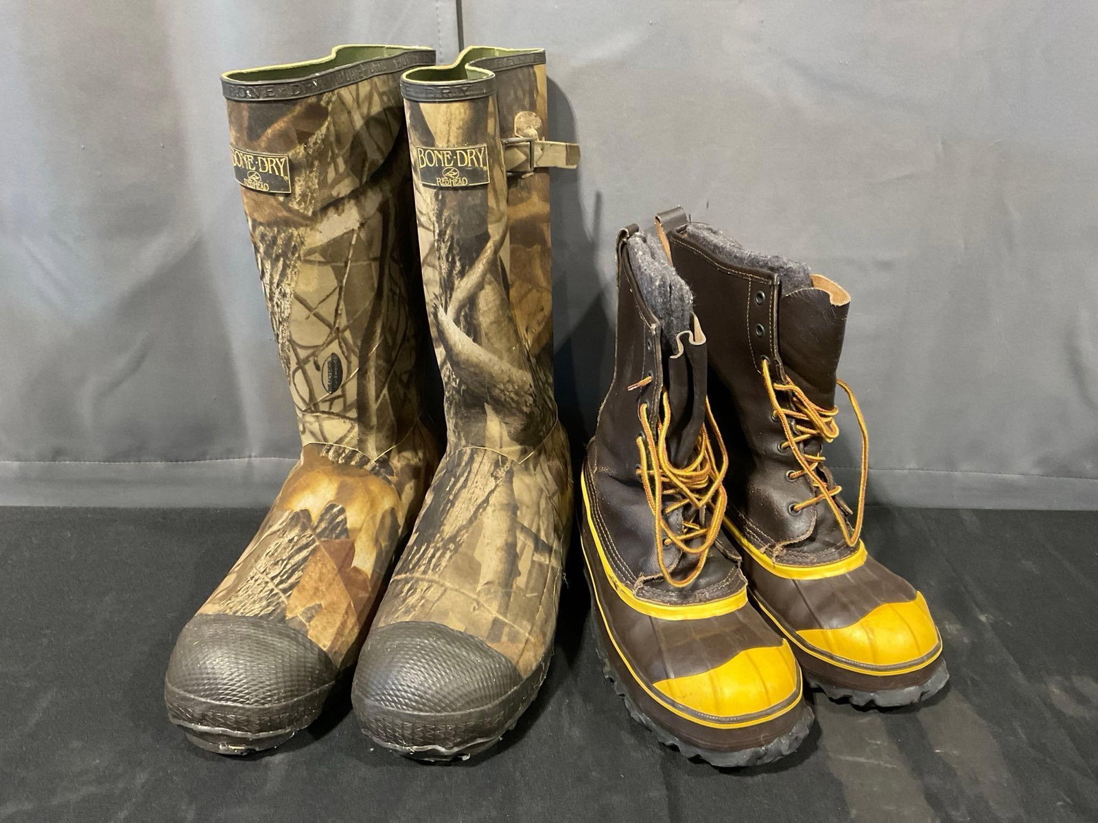 Bone Dry Redhead & LaCrosse Vintage Safety Boots, Mens Size 9 & 5 Boots: Appears to be in good shape. The piece measures approx 13h x 17w x 14d inches. See pics. E-5600