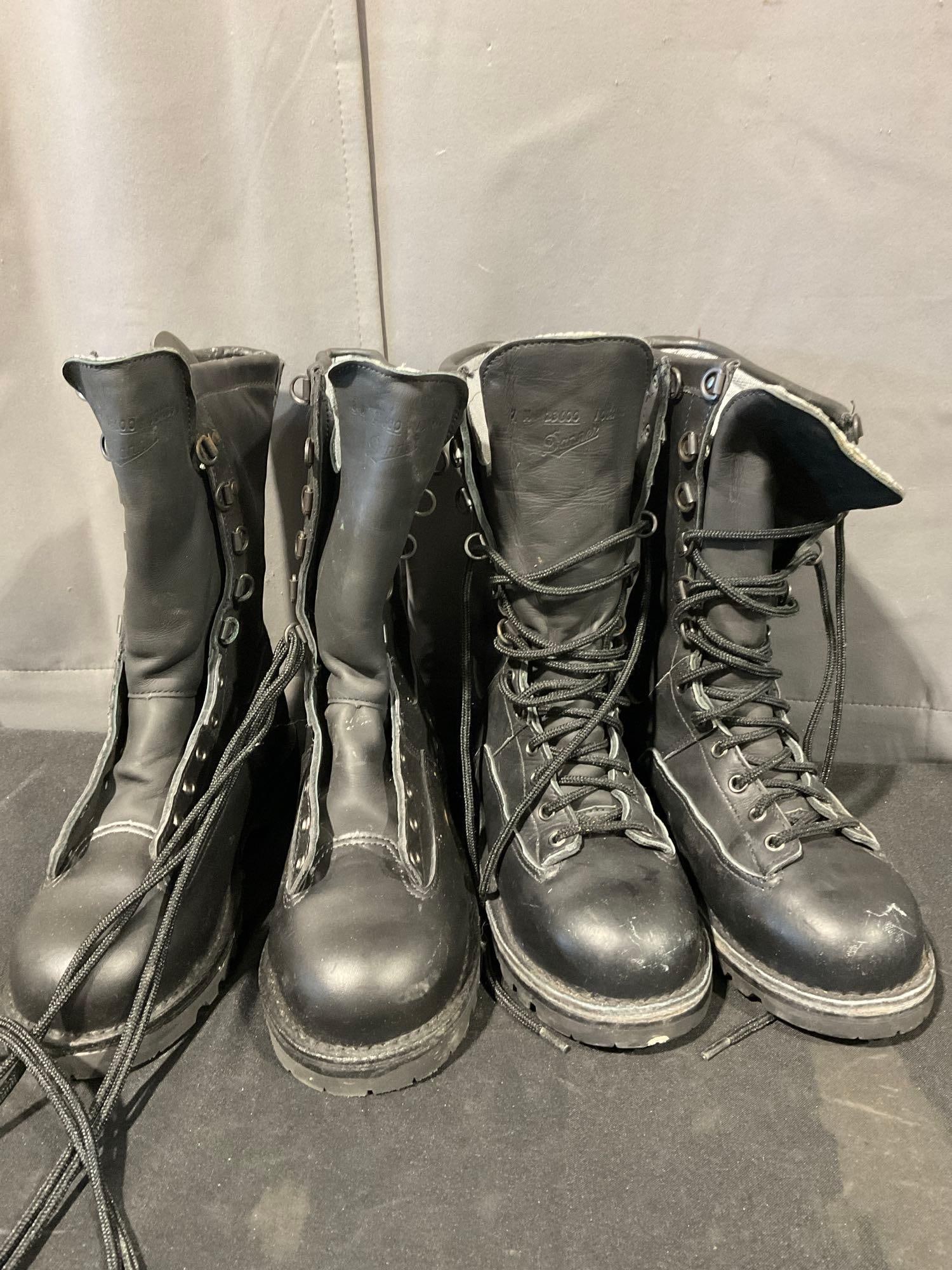 Two Pairs of Black Leather Danner Fort Lewis Boots, about Mens Size 9 boots: Appears to be in fair to good shape. The piece measures approx 13h x 17w x 14d inches. See pics. E-5600