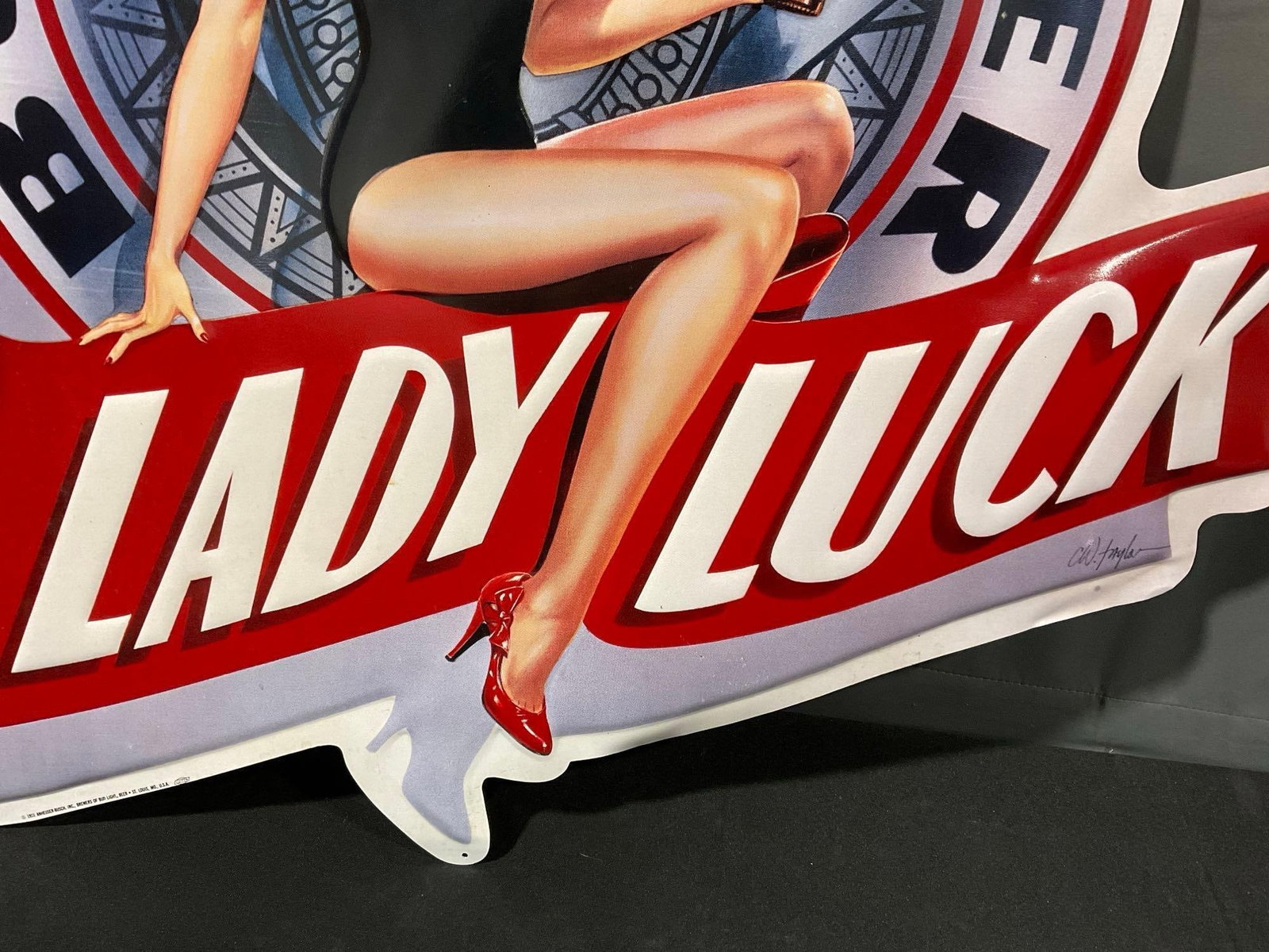 Bud Light Beer Lady Luck Pin up style Anheuser-Busch Sign, 1991 Molded metal Sign - 3