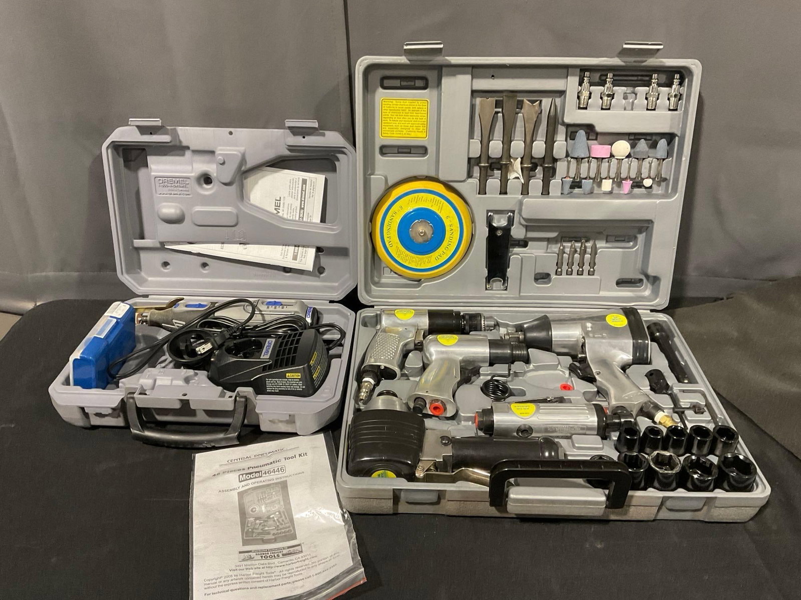 Central Pneumatic Tool Kit model 46446 & Dremel 8220 Tool, both in plastic cases: Appears to be in good shape. The piece measures approx 10h x 18w x 14d inches. See pics. E-5600