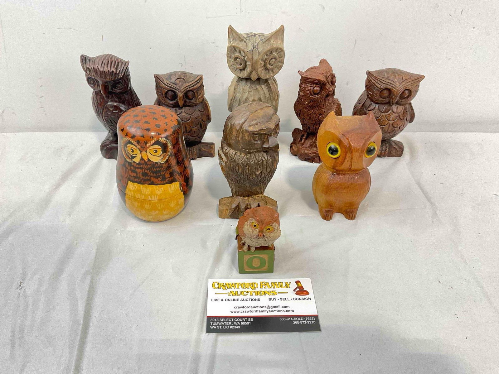 9 pcs Vintage Carved Wooden Owl Figurines, incl. 1x Enesco Matryoshka Nesting Doll. See pics. (1 of 6)