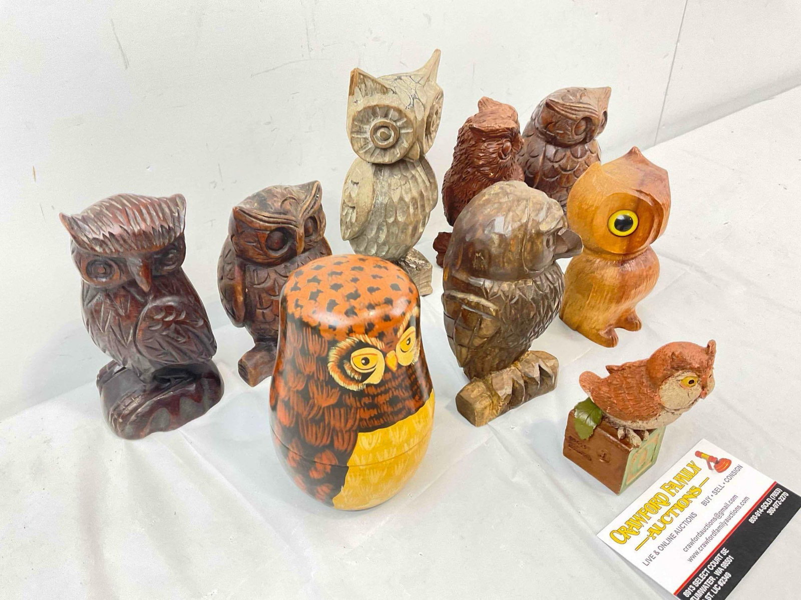 9 pcs Vintage Carved Wooden Owl Figurines, incl. 1x Enesco Matryoshka Nesting Doll. See pics. - 3