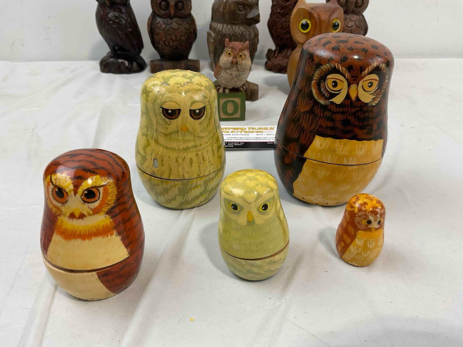 9 pcs Vintage Carved Wooden Owl Figurines, incl. 1x Enesco Matryoshka Nesting Doll. See pics. - 6