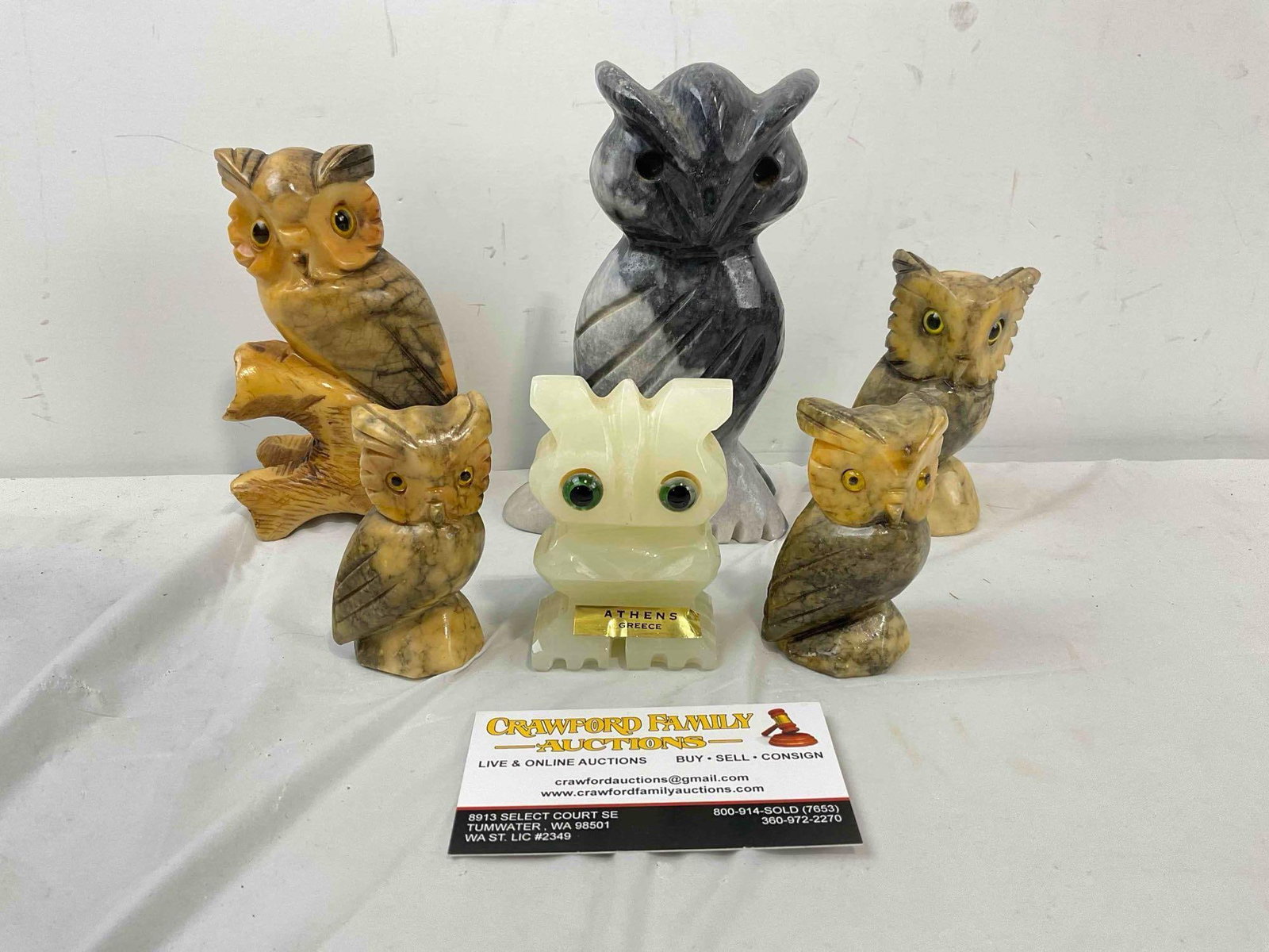 6 pcs Vintage Italian & Greek Carved Stone Owl Figurines. Good Condition. See pics.: 6 pcs Vintage Italian & Greek Carved Stone Owl Figurines. Good Condition. Minor wear indicative of age and use, otherwise looks to be in good condition. Fits in box measuring 11" x 9" x 6" DM-4030