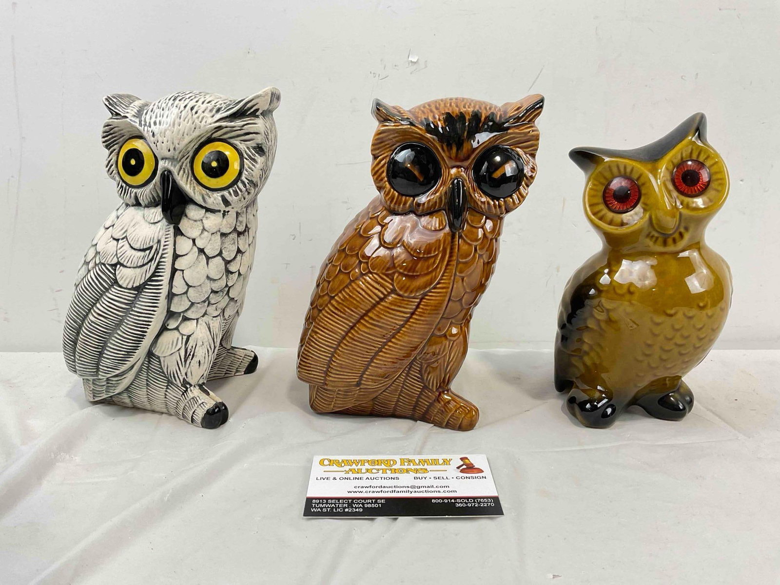 3 pcs Vintage Ceramic Owl Figurines. Good Condition. See pics: 3 pcs Vintage Ceramic Owl Figurines. Good Condition. Minor wear indicative of age and wear, condition otherwise looks to be good. Fits in box measuring 12" x 12" x 6" DM-4030