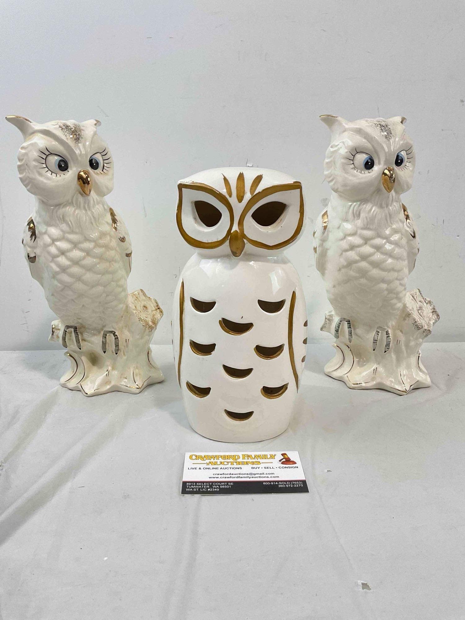 3 pcs Vintage Japanese White Ceramic Owl Figurines, incl. 2x RIES. Good Condition. See pics.: 3 pcs Vintage Japanese White Ceramic Owl Figurines, incl. 2x RIES. Good Condition. I or wear indicative of age and use, otherwise looks to be in good condition. Fits in box measuring 12" x 12" x 6" DM