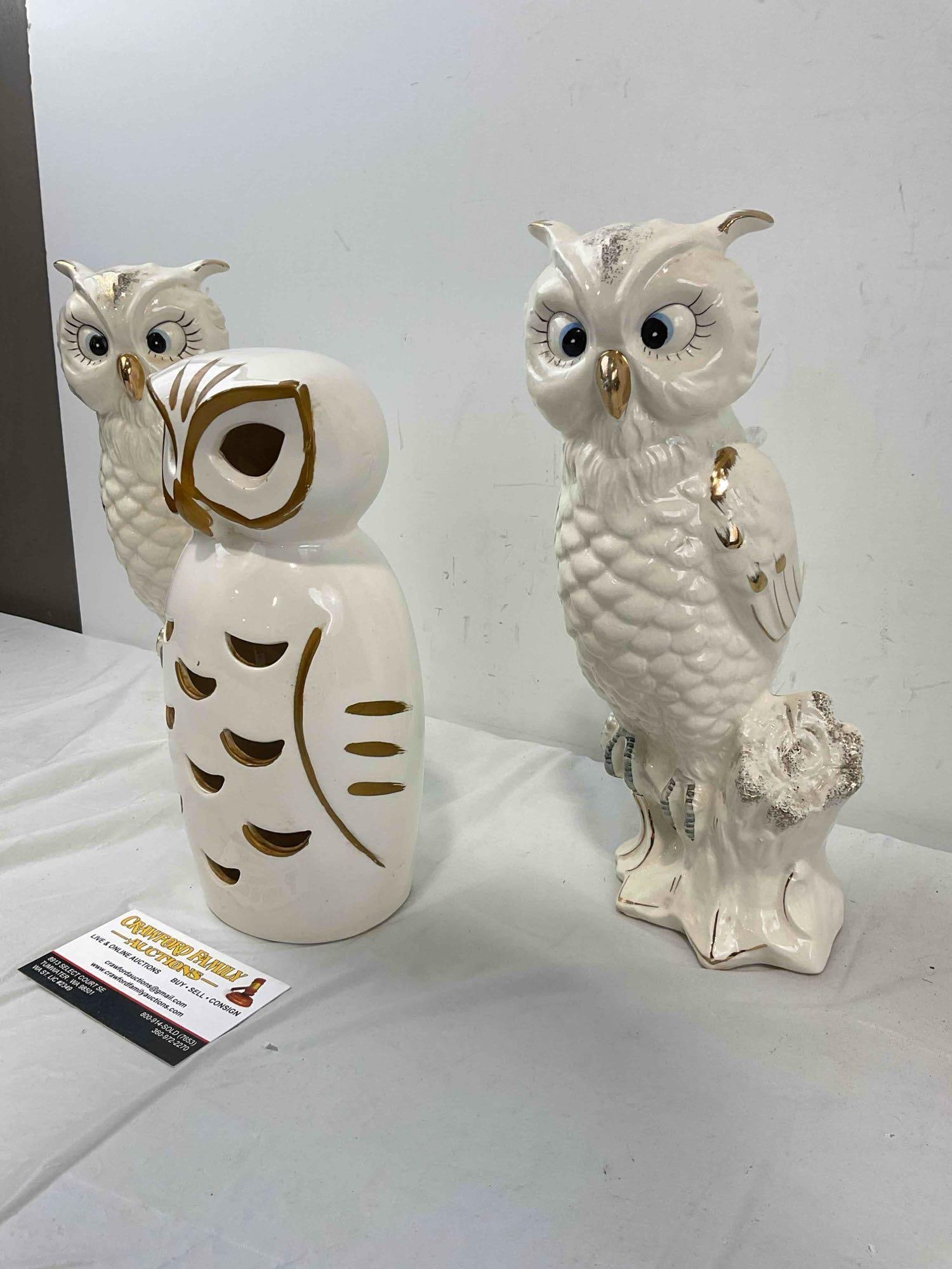 3 pcs Vintage Japanese White Ceramic Owl Figurines, incl. 2x RIES. Good Condition. See pics. - 2
