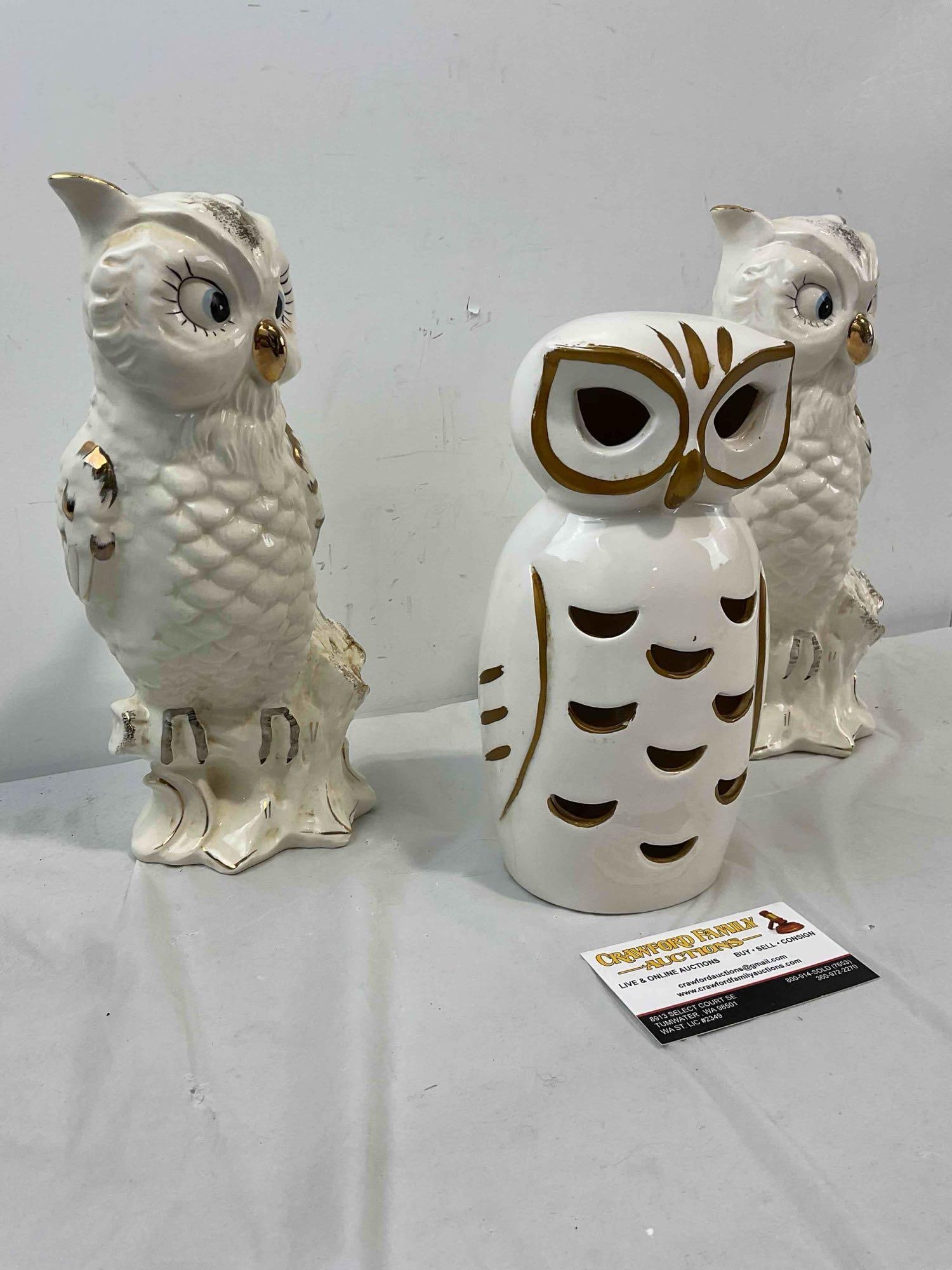 3 pcs Vintage Japanese White Ceramic Owl Figurines, incl. 2x RIES. Good Condition. See pics. - 3