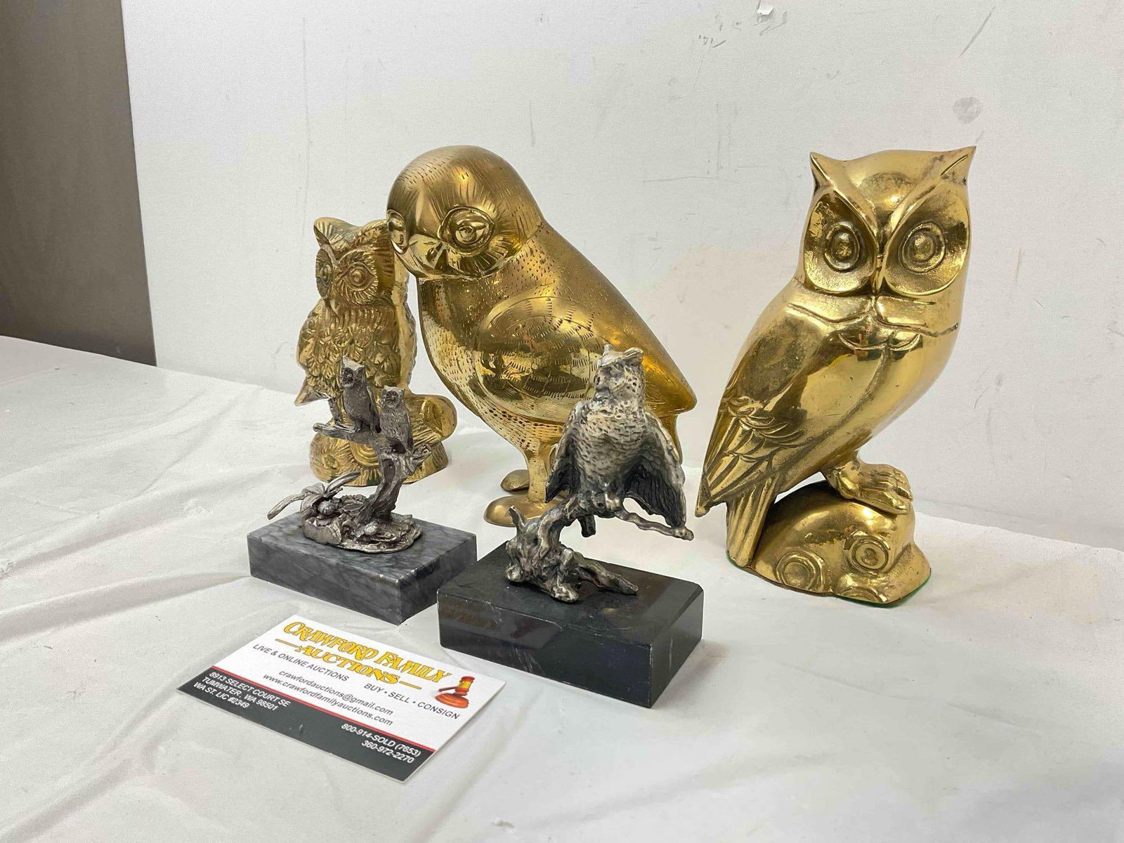 5 pcs Vintage Metal Owl Figurines, 2x Pewter w/ Marble Bases & 3x Brass. Good Condition. See pics. - 2