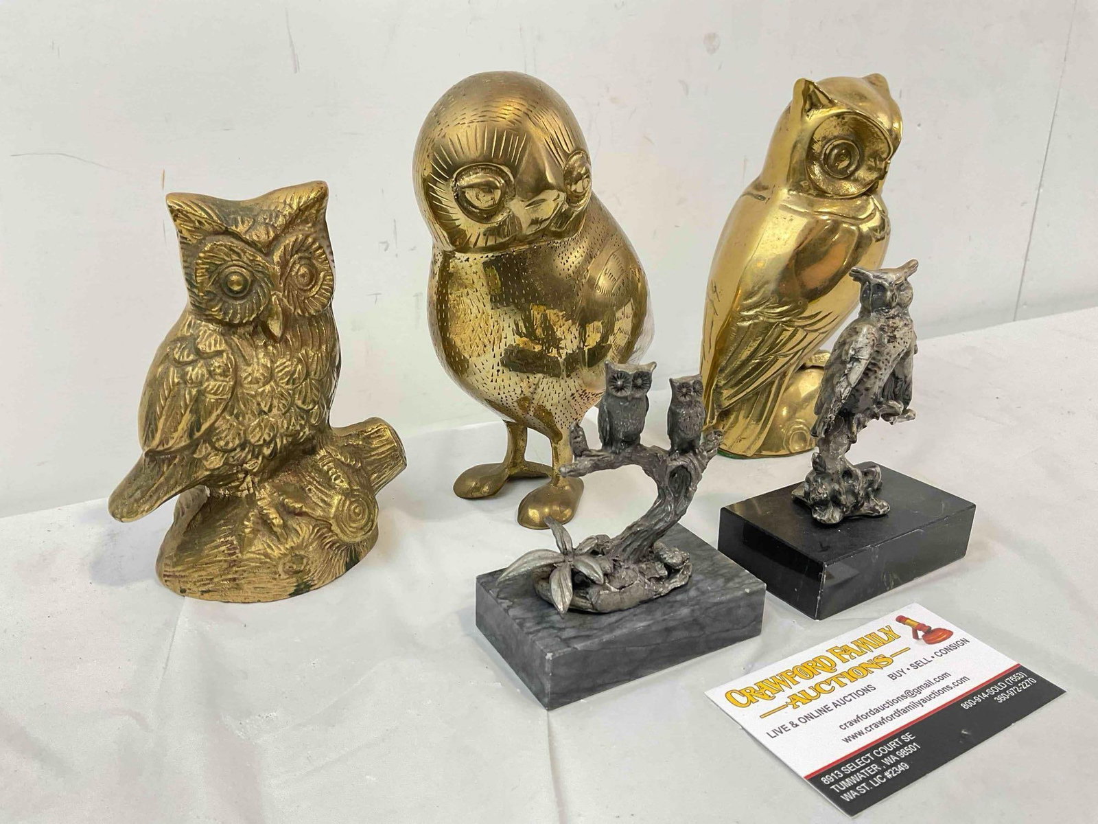 5 pcs Vintage Metal Owl Figurines, 2x Pewter w/ Marble Bases & 3x Brass. Good Condition. See pics. - 3