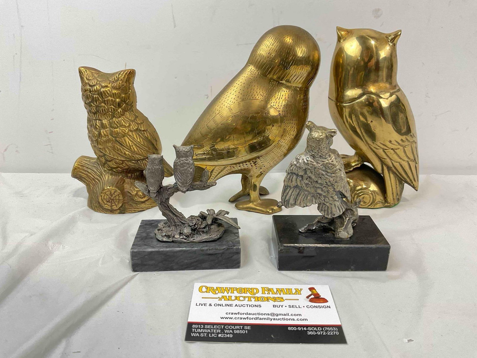 5 pcs Vintage Metal Owl Figurines, 2x Pewter w/ Marble Bases & 3x Brass. Good Condition. See pics. - 4